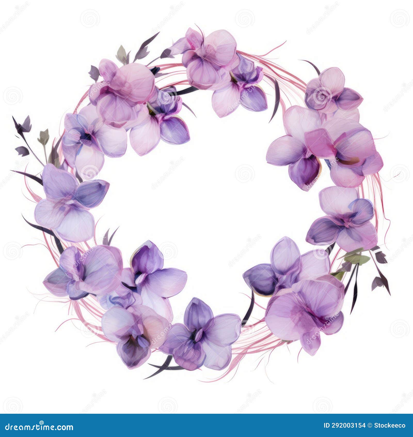 purple orchid wreath with pressed lavender flowers in watercolor style