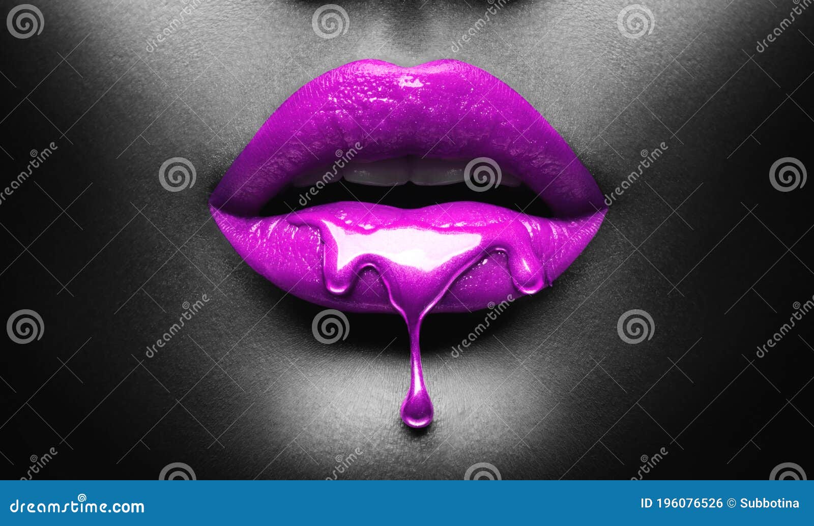 purple paint dripping, lipgloss drops on sexy lips, bright liquid paint on beautiful model girl`s mouth, black skin. lipstick