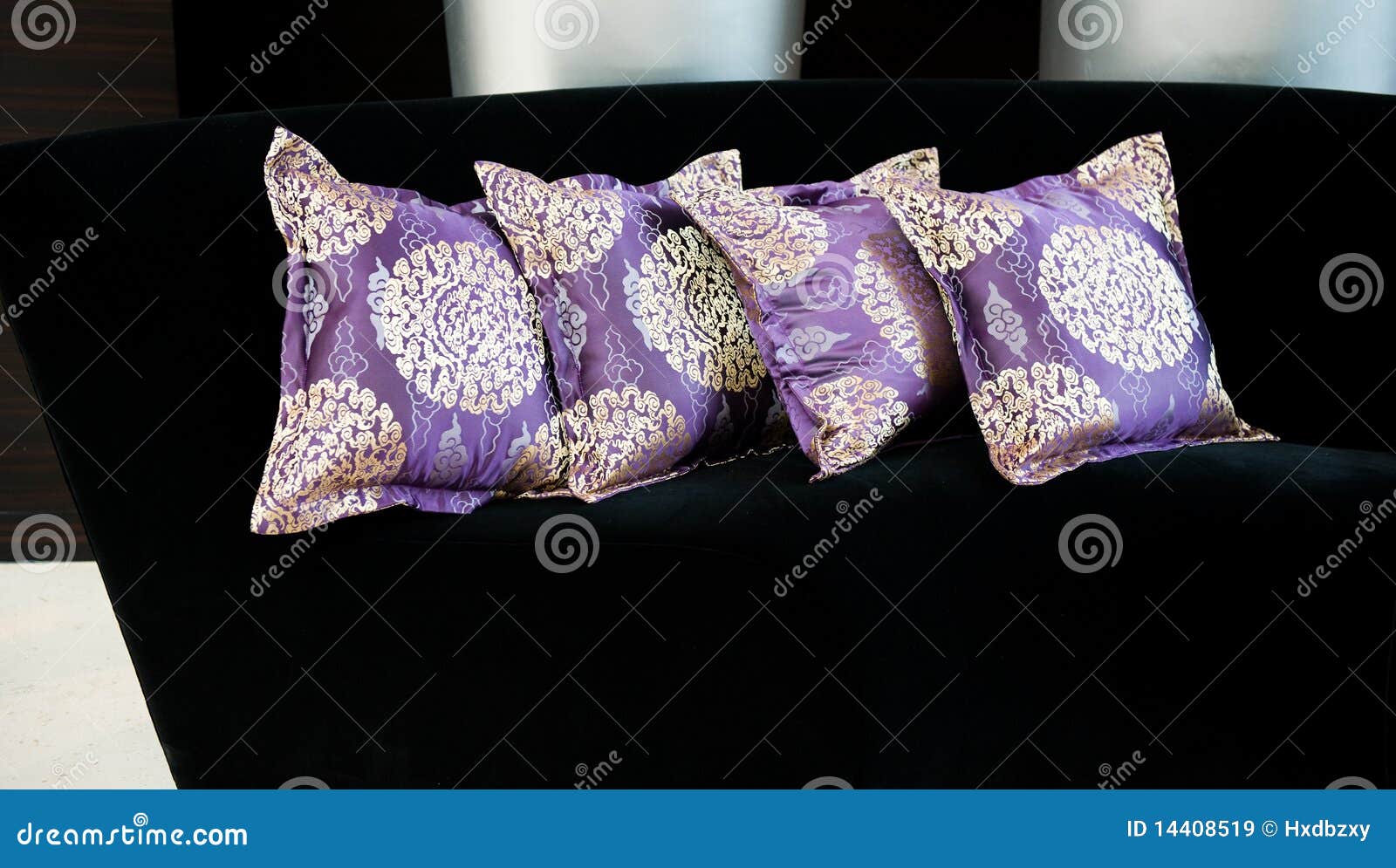 Purple pillows on a sofa stock image. Image of family 14408519