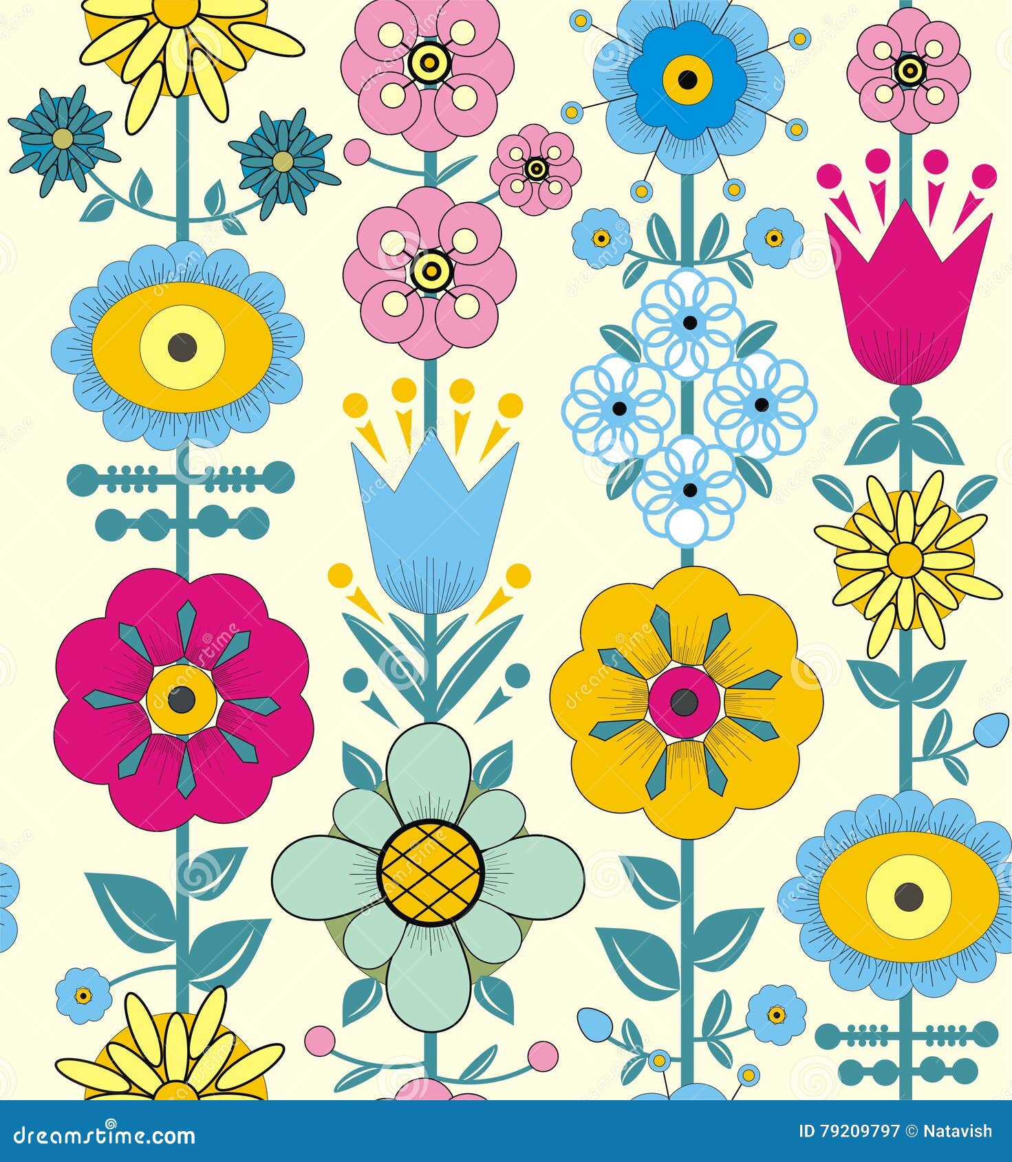 Purple, Pink, Blue and Yellow Flowers and Leaves Stock Vector ...