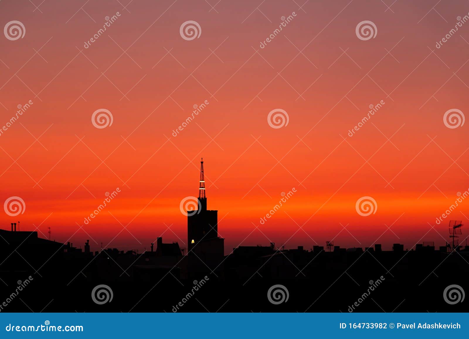 Purple Red Summer Sunrise, Roof Top View of an Old Church Tower Above ...