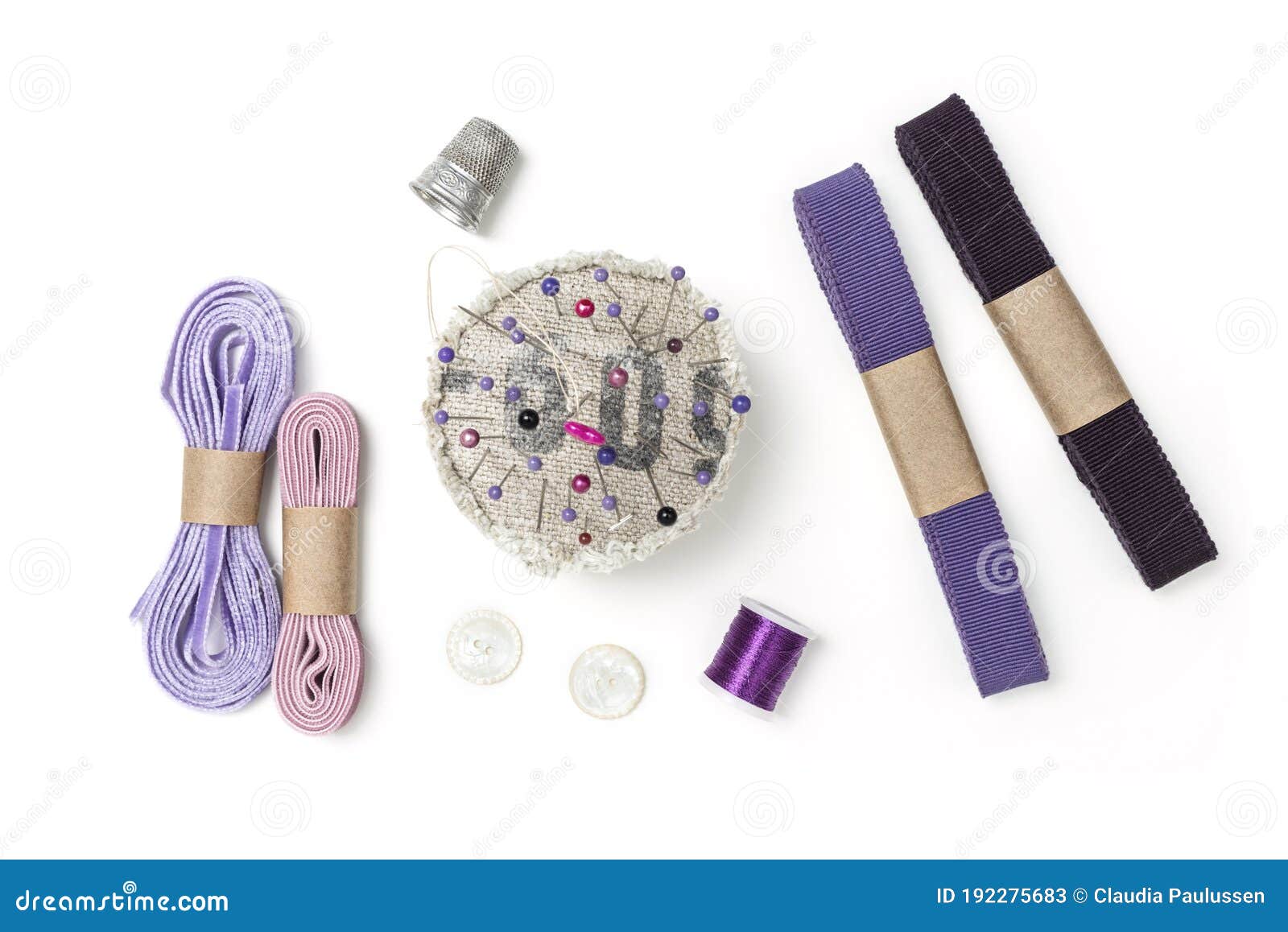 Purple Ribbons, Pincushions, Buttons and Thread Stock Image Image of
