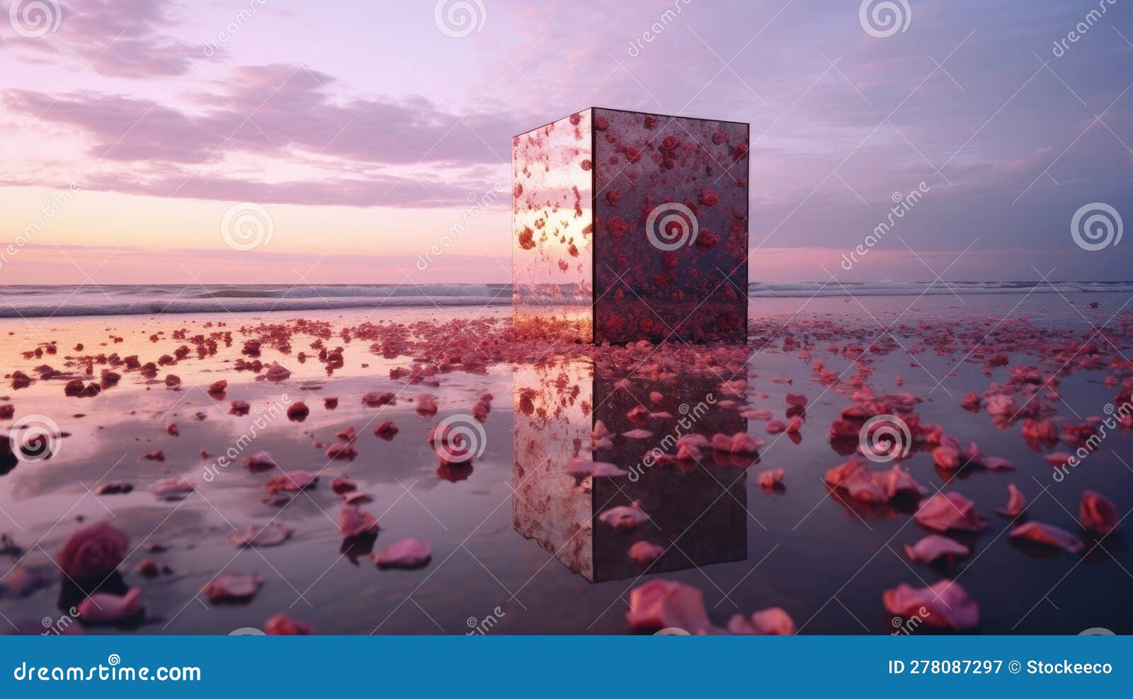 Purple Sands Beach With Mirror Cube And Pink Roses Stock Photo