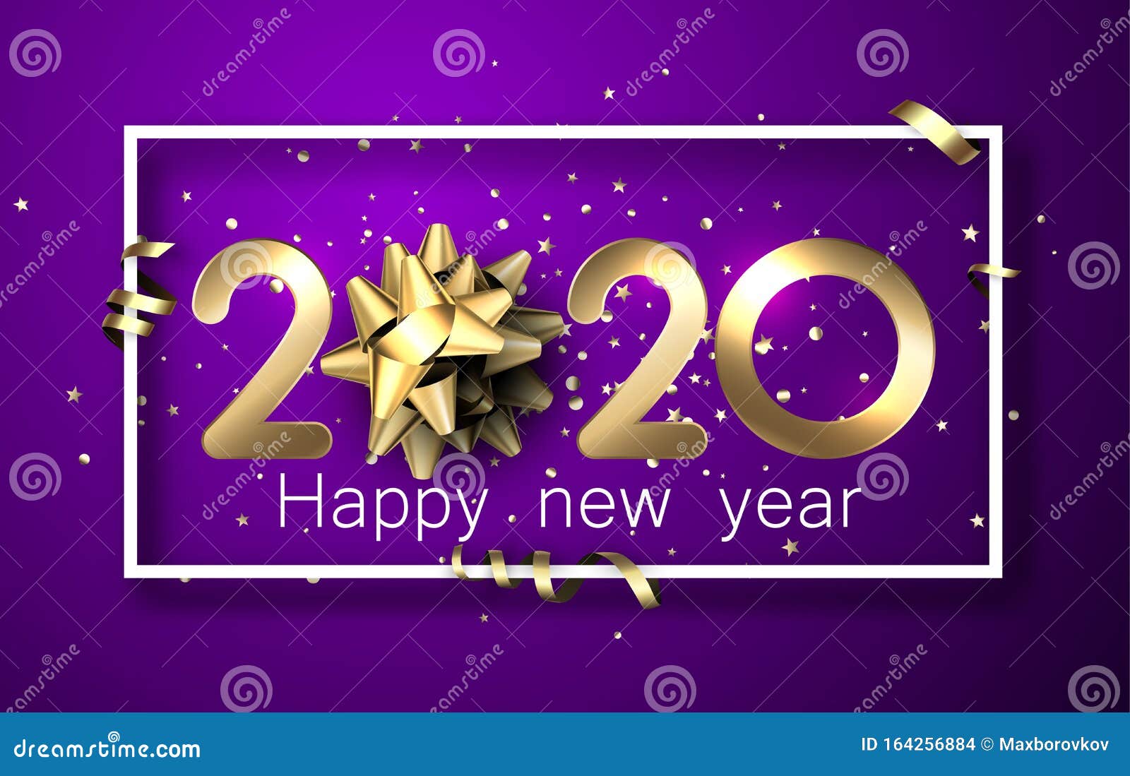 Purple Shiny Happy New Year Background with Golden 3d 2020 Nubmers and