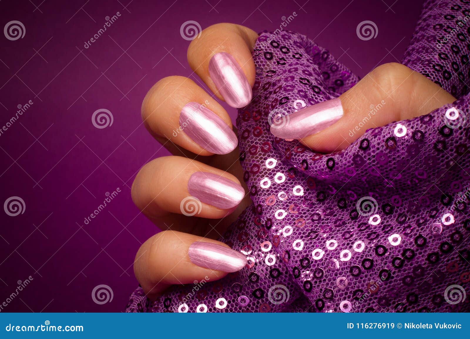 Purple Shiny Nails Manicure Stock Image - Image of cosmetics, holding ...
