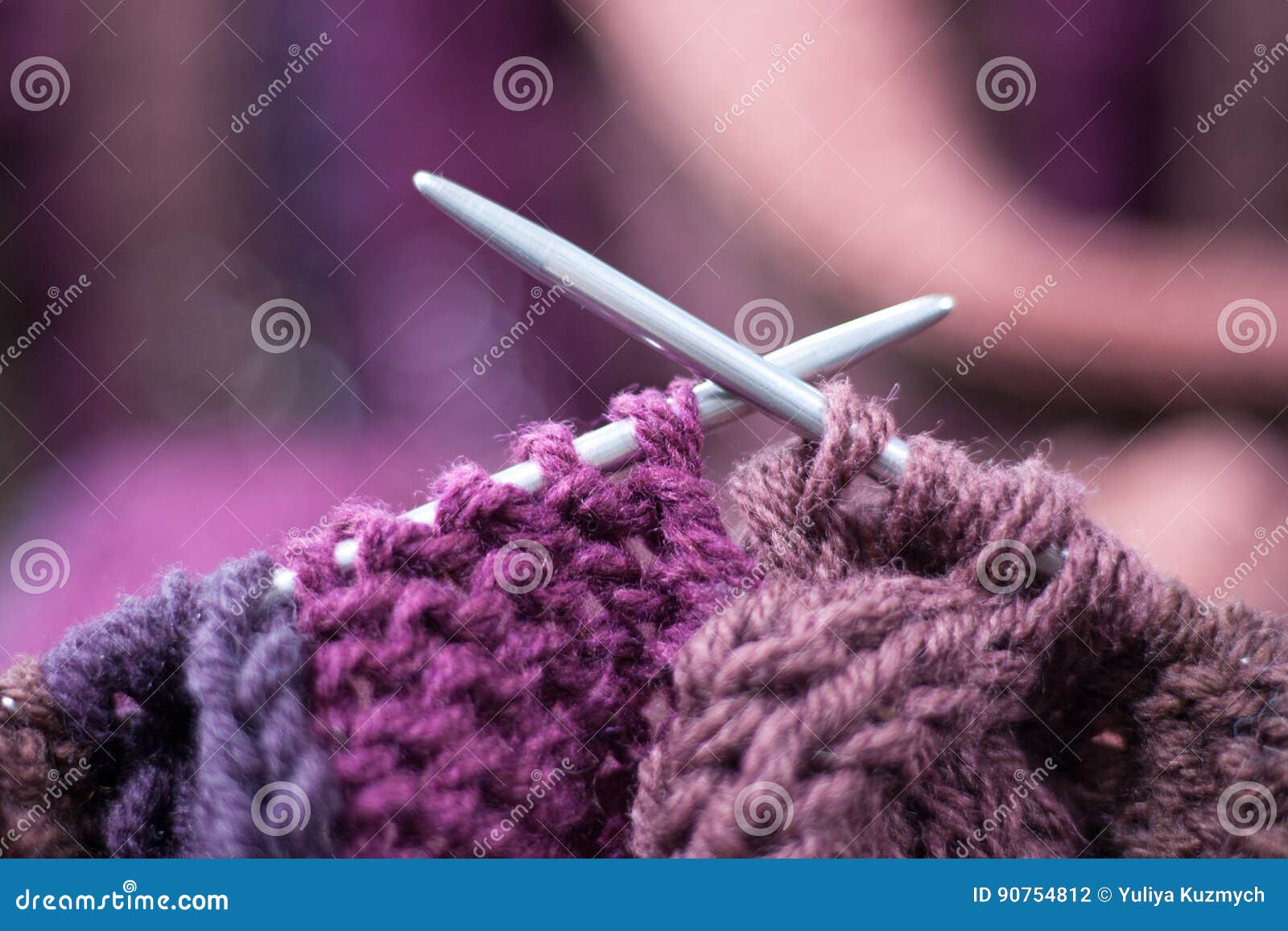 Purple Wool Yarn on Metal Needles Stock Photo - Image of wool ...