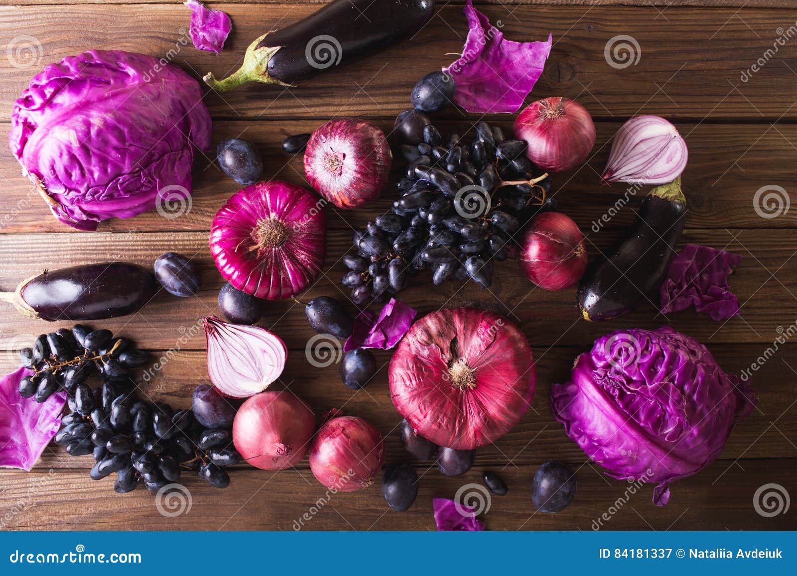 Purpurrote Obst Und Gemuse Blaue Zwiebel Purpurroter Kohl Aubergine Trauben Und Pflaumen Stockbild Bild Von Pflaumen Gemuse