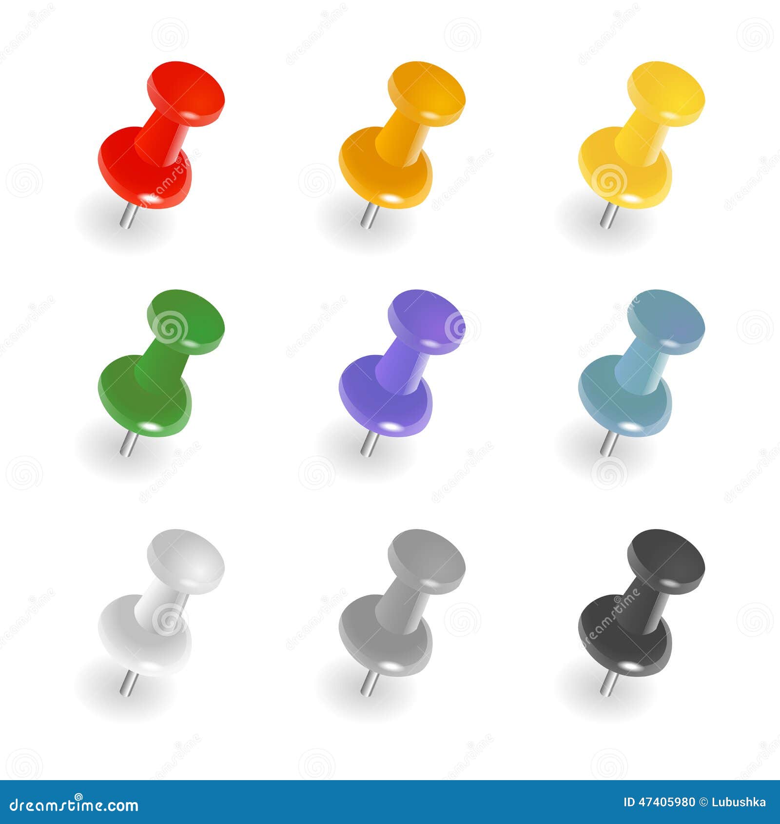 Scattered Colorful Push Pins Isolated On White Background Stock