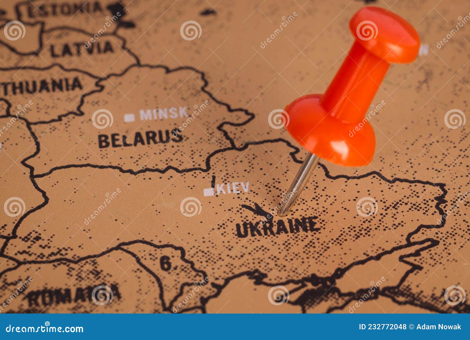 pushpin red pointing at, ukraine, europe. map