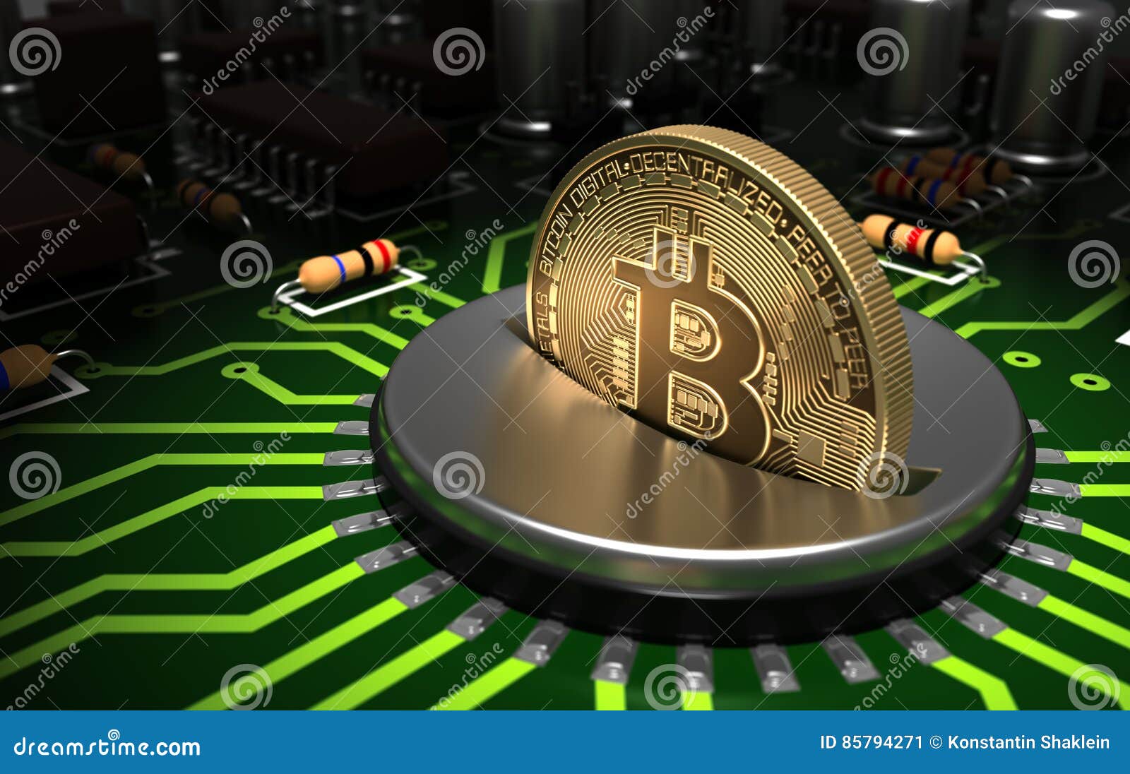 Putting Bitcoin into Coin Slot on Motherboard Stock Illustration