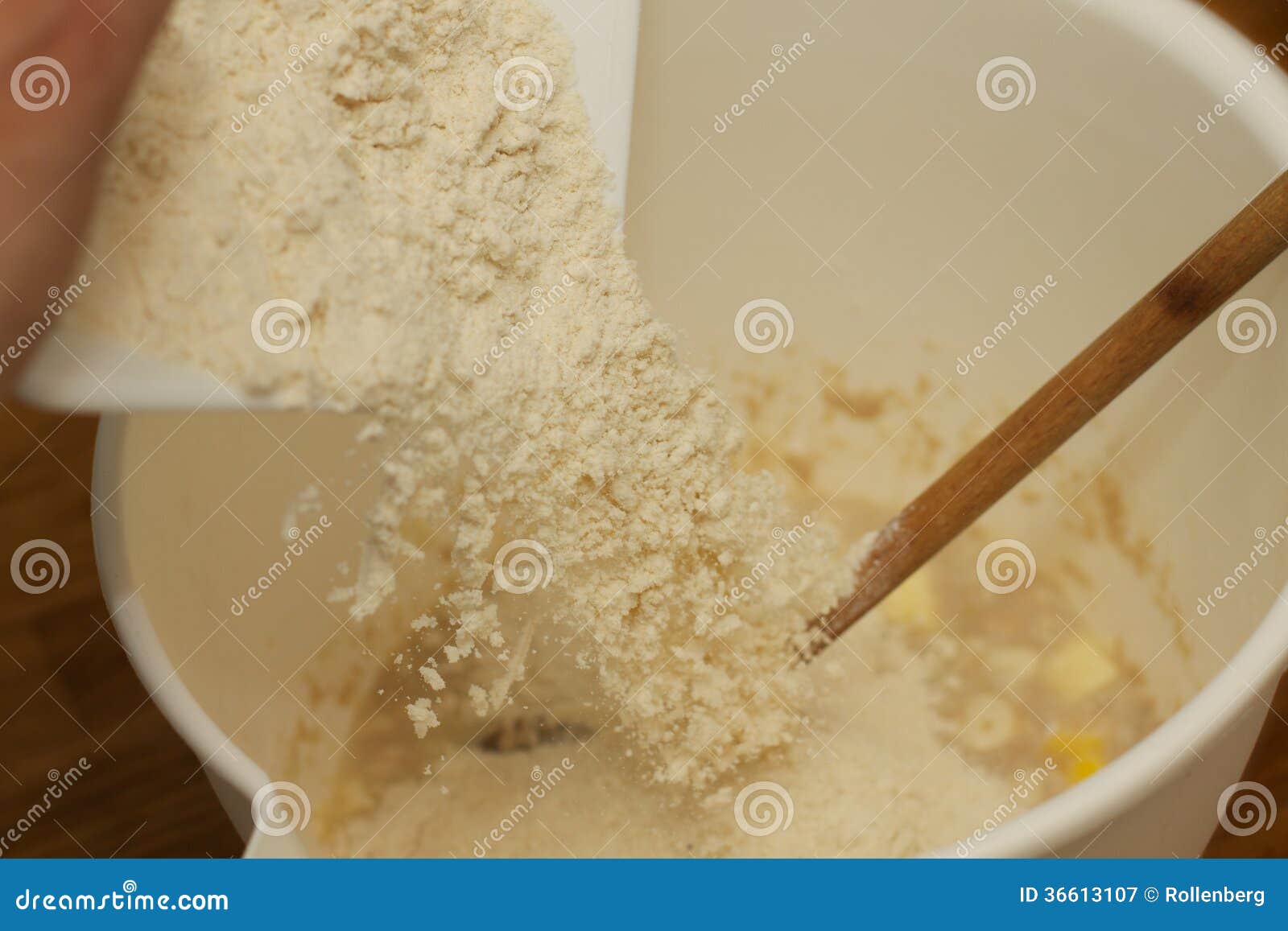 Putting flour in a bowl stock image. Image of wood, putting 36613107
