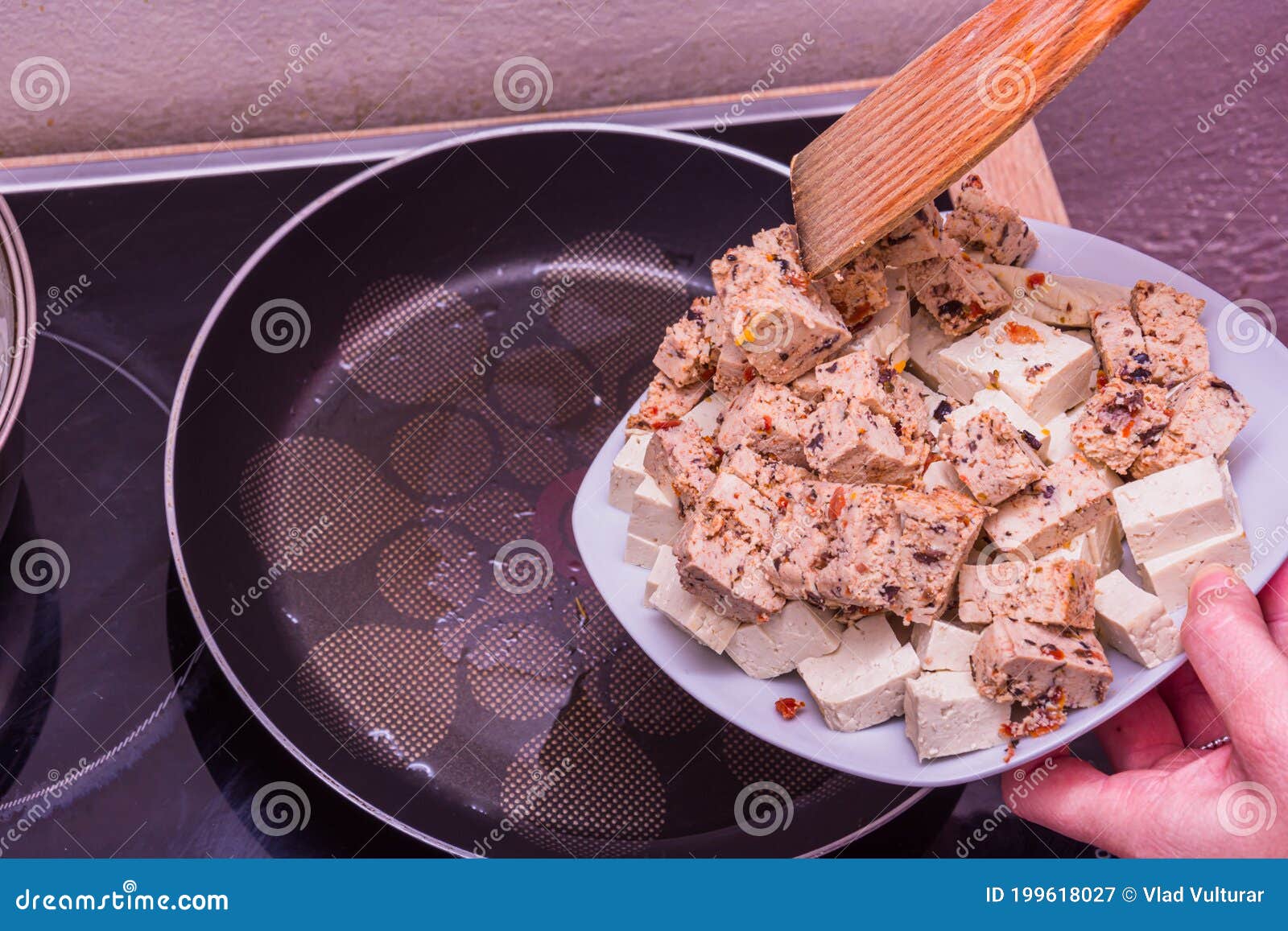 Putting Tofu in the Pan To Fry Stock Image - Image of fresh, bean