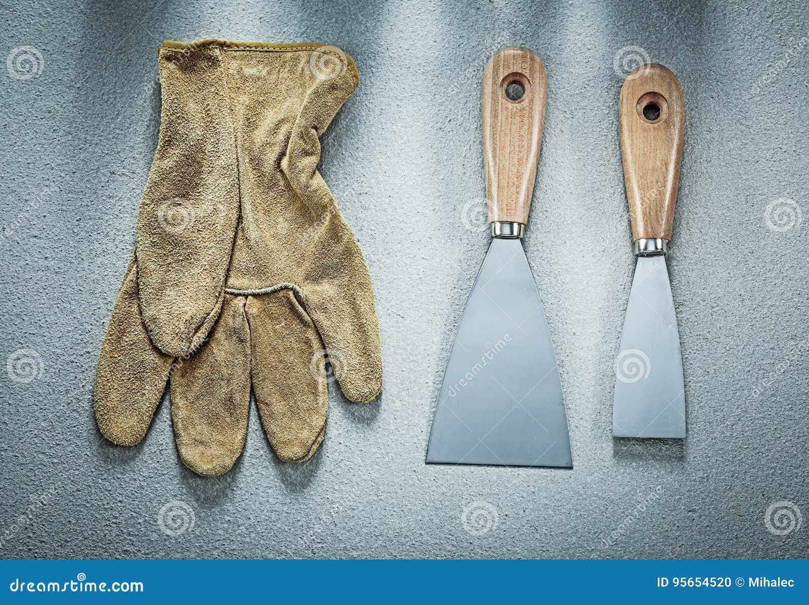 Putty Knife Safety Gloves on Concrete Surface Construction Conce Stock