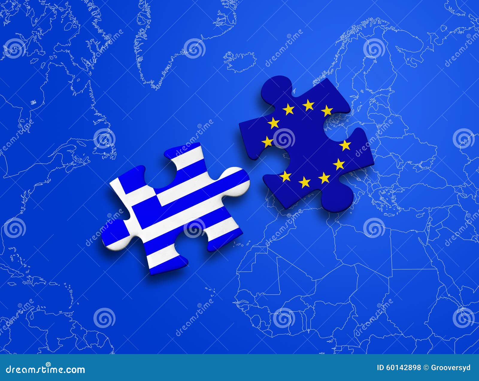 Puzzle European Union Greece. Greece and European Union in puzzle isolated on blue background.