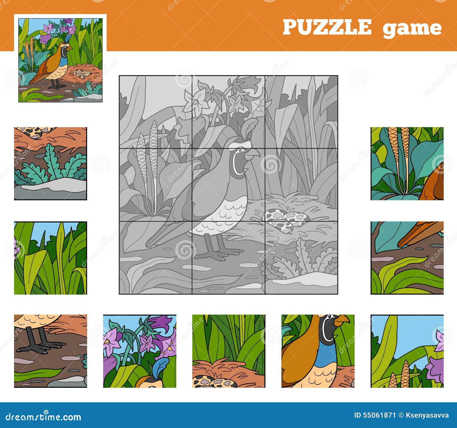 Puzzle Game for Children with Animals (quail) Stock Vector