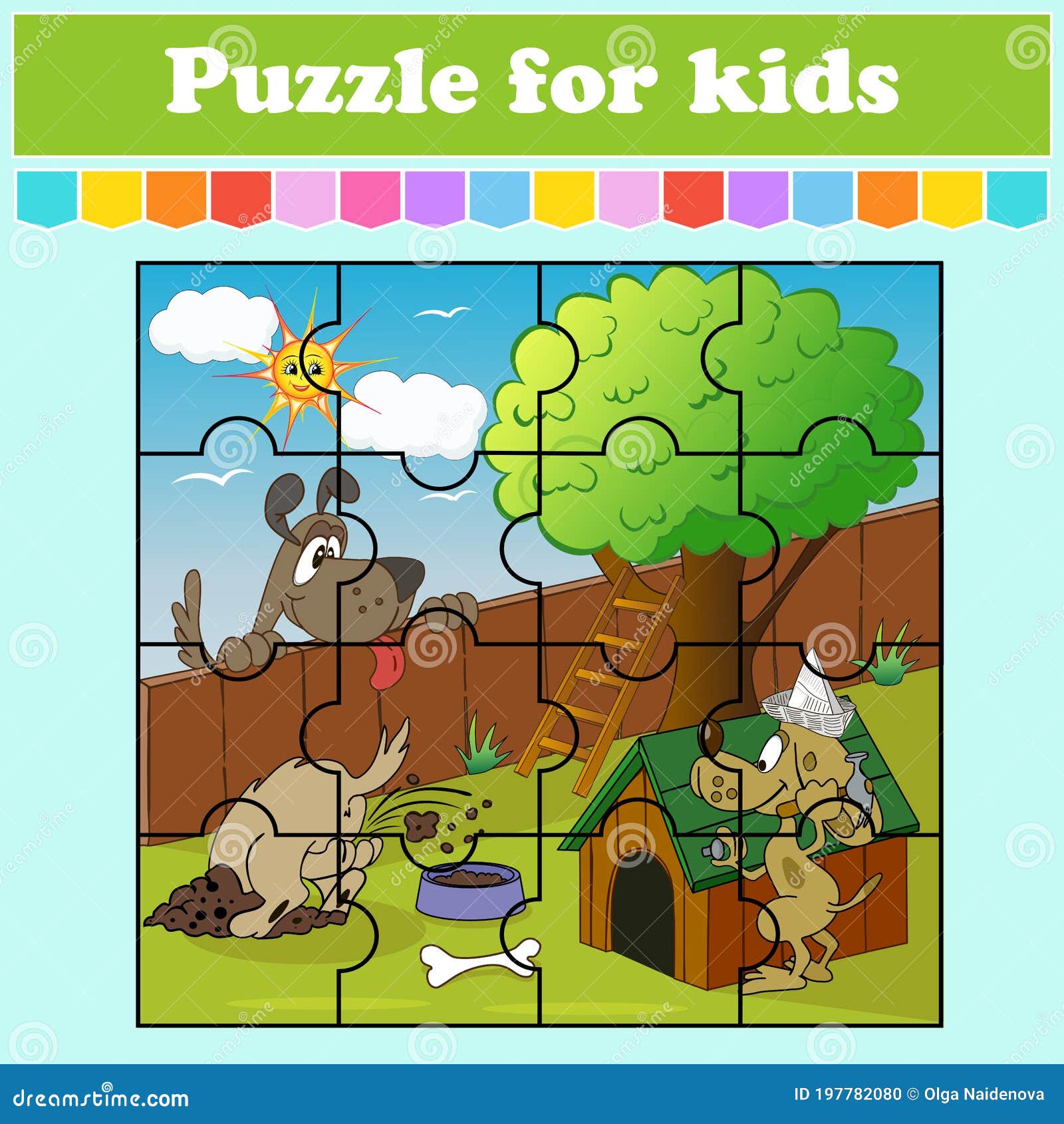 Puzzle Game for Cartoon Doghouse Near a Fence and a Tree. Education Worksheet. Color Activity Page Stock Vector - Illustration of grid, background: 197782080