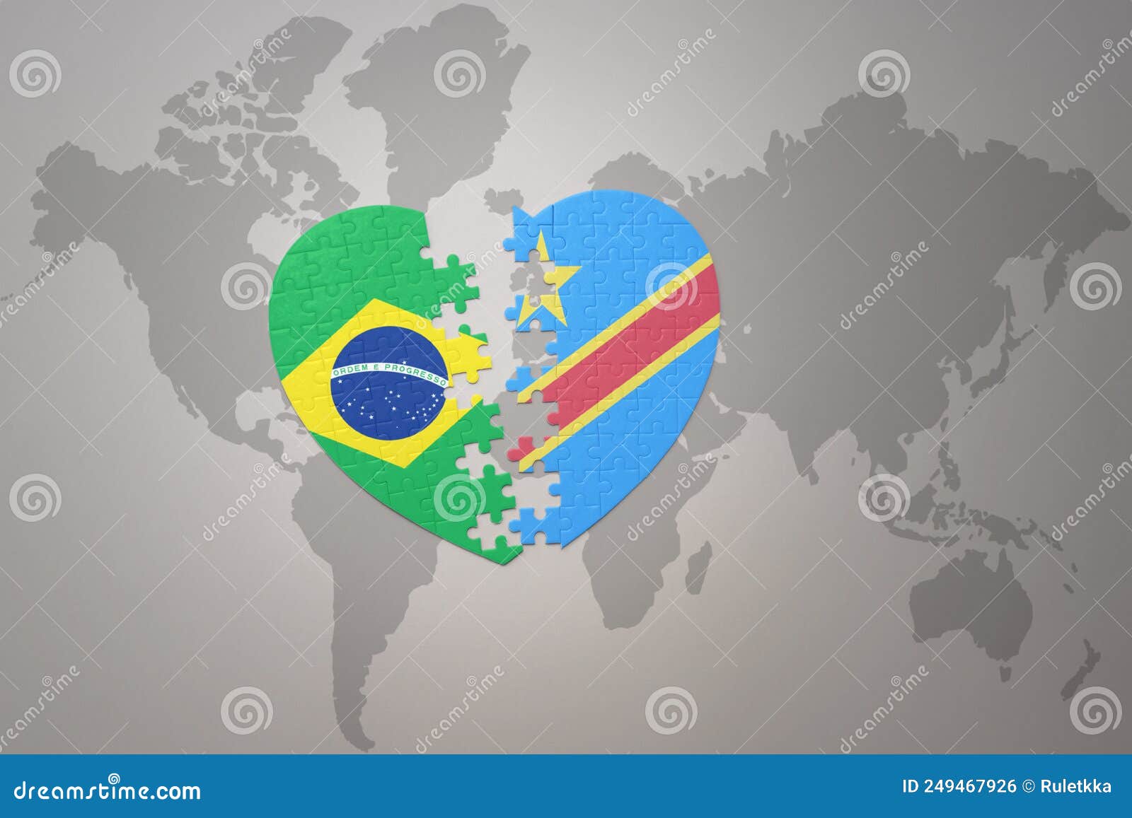 puzzle heart with the national flag of brazil and democratic republic of the congo on a world map background.concept