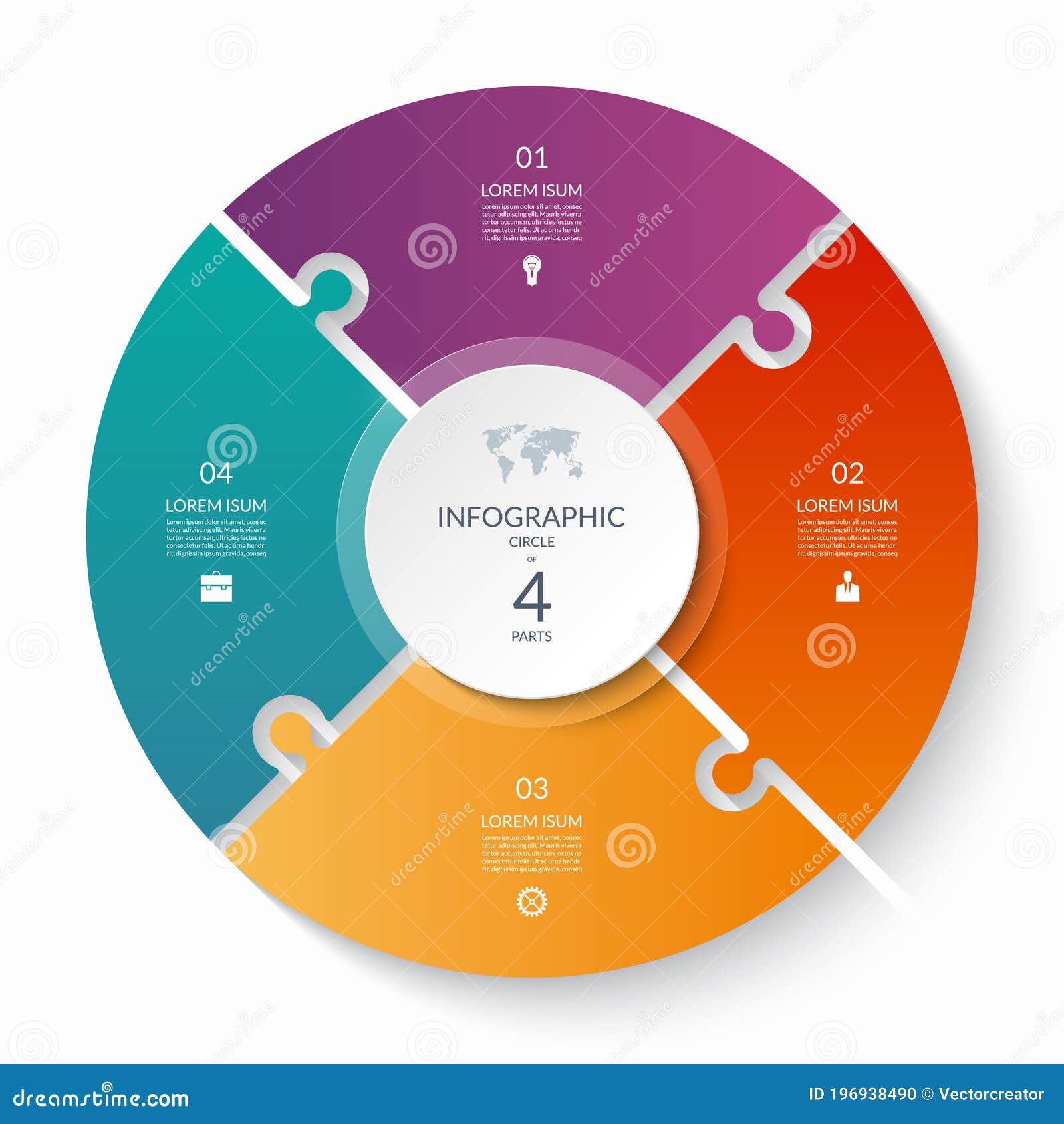 puzzle infographic circle with 4 steps, options, pieces. four-part cycle chart.