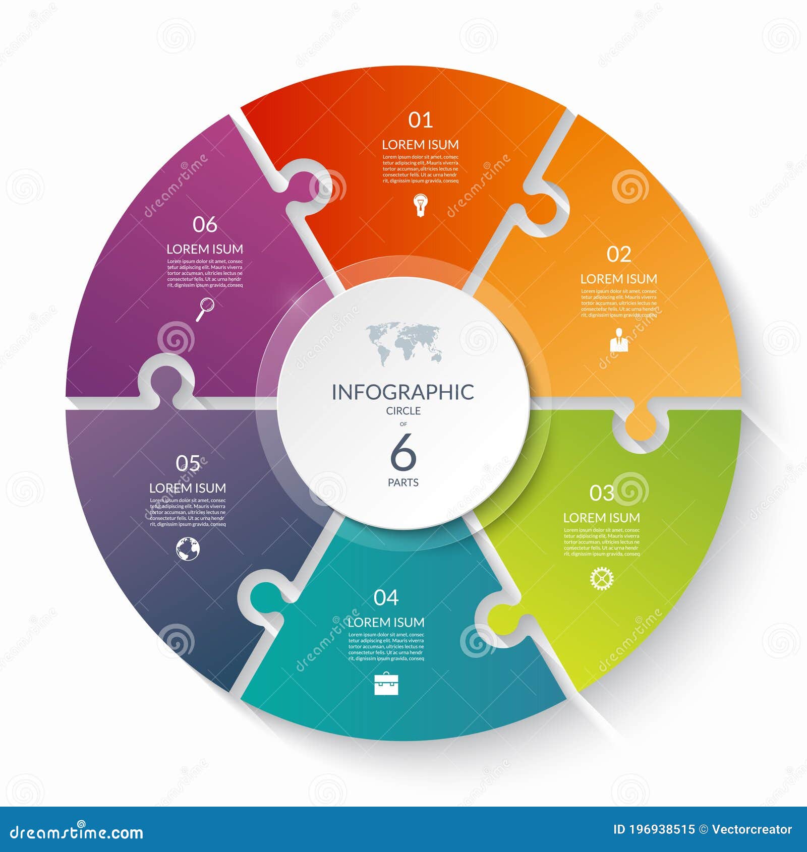 puzzle infographic circle with 6 steps, options, pieces. six-part cycle chart.