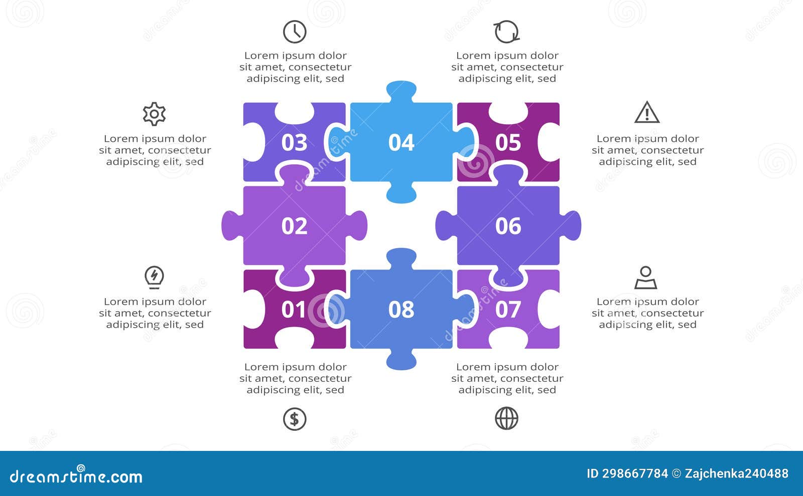 Puzzle Infographic with 8 Elements, Presentations, Vector Illustration