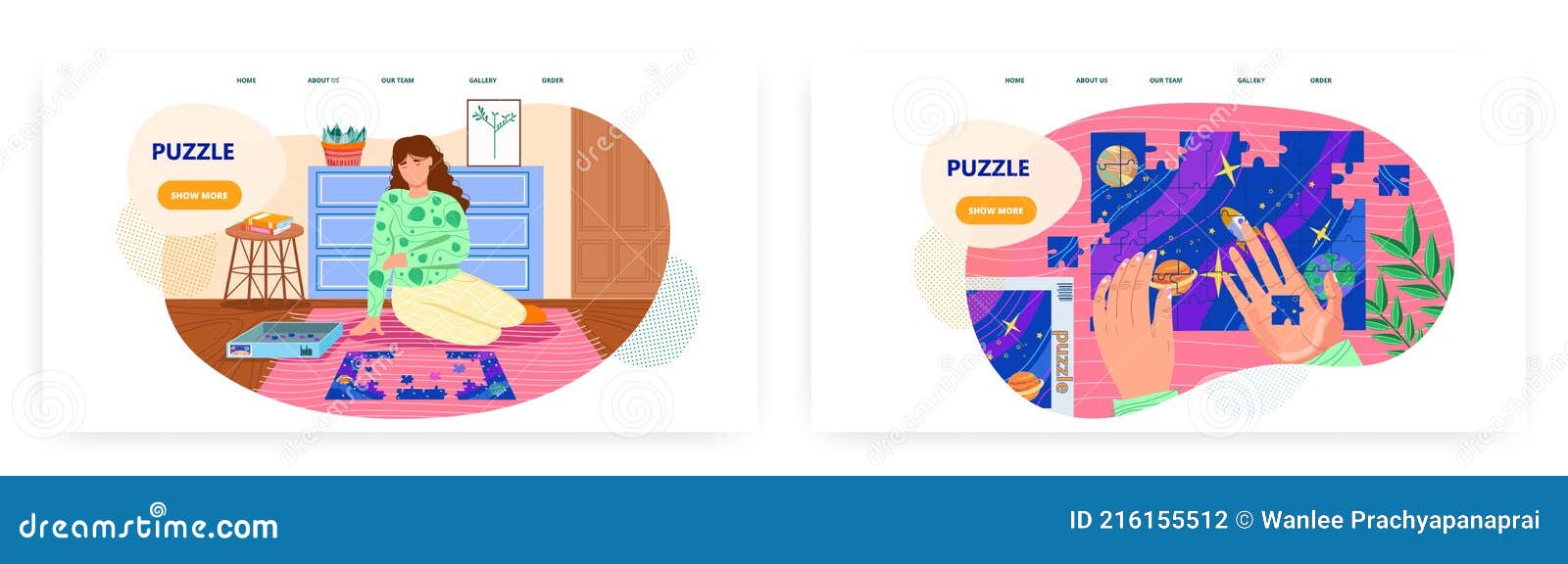 Puzzle Landing Page Design, Website Banner Vector Template Set. Woman