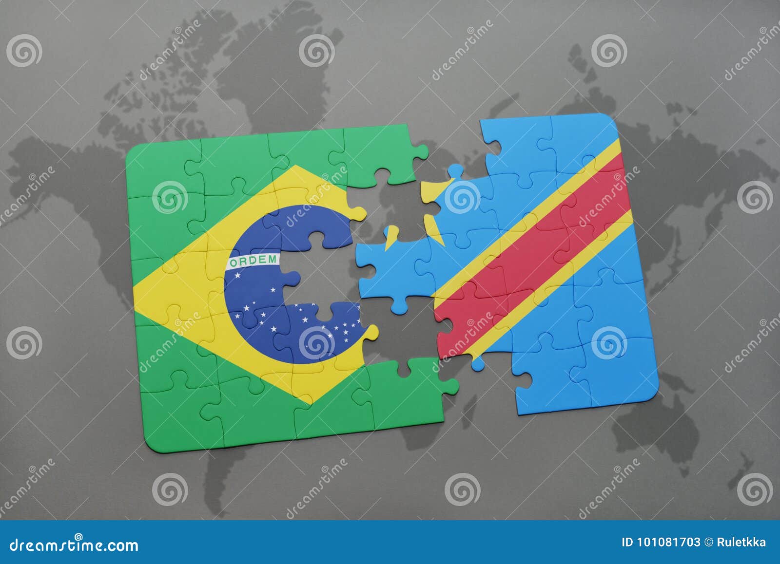 puzzle with the national flag of brazil and democratic republic of the congo on a world map background.