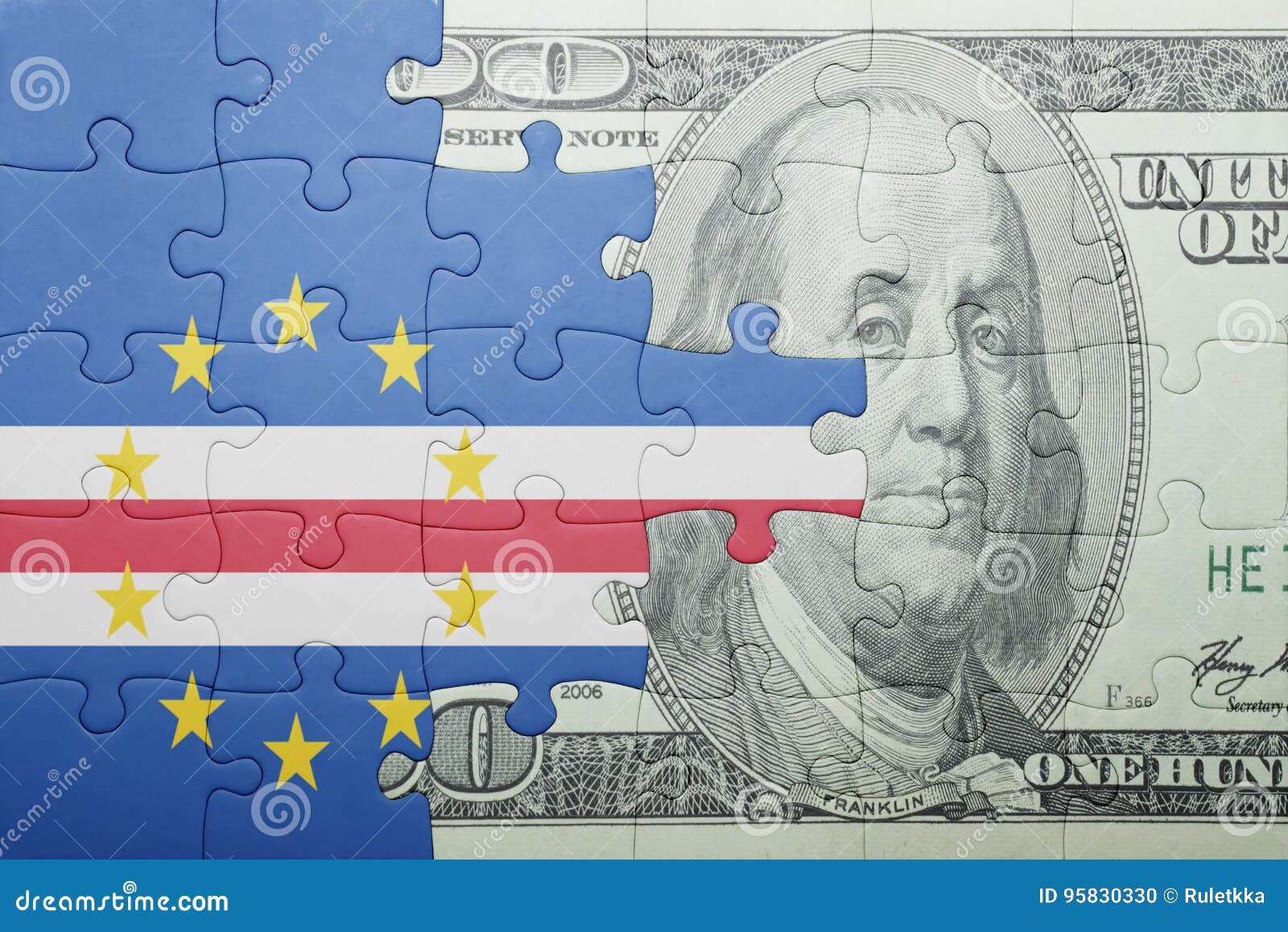 Puzzle with the National Flag of Cape Verde and Dollar Banknote Stock