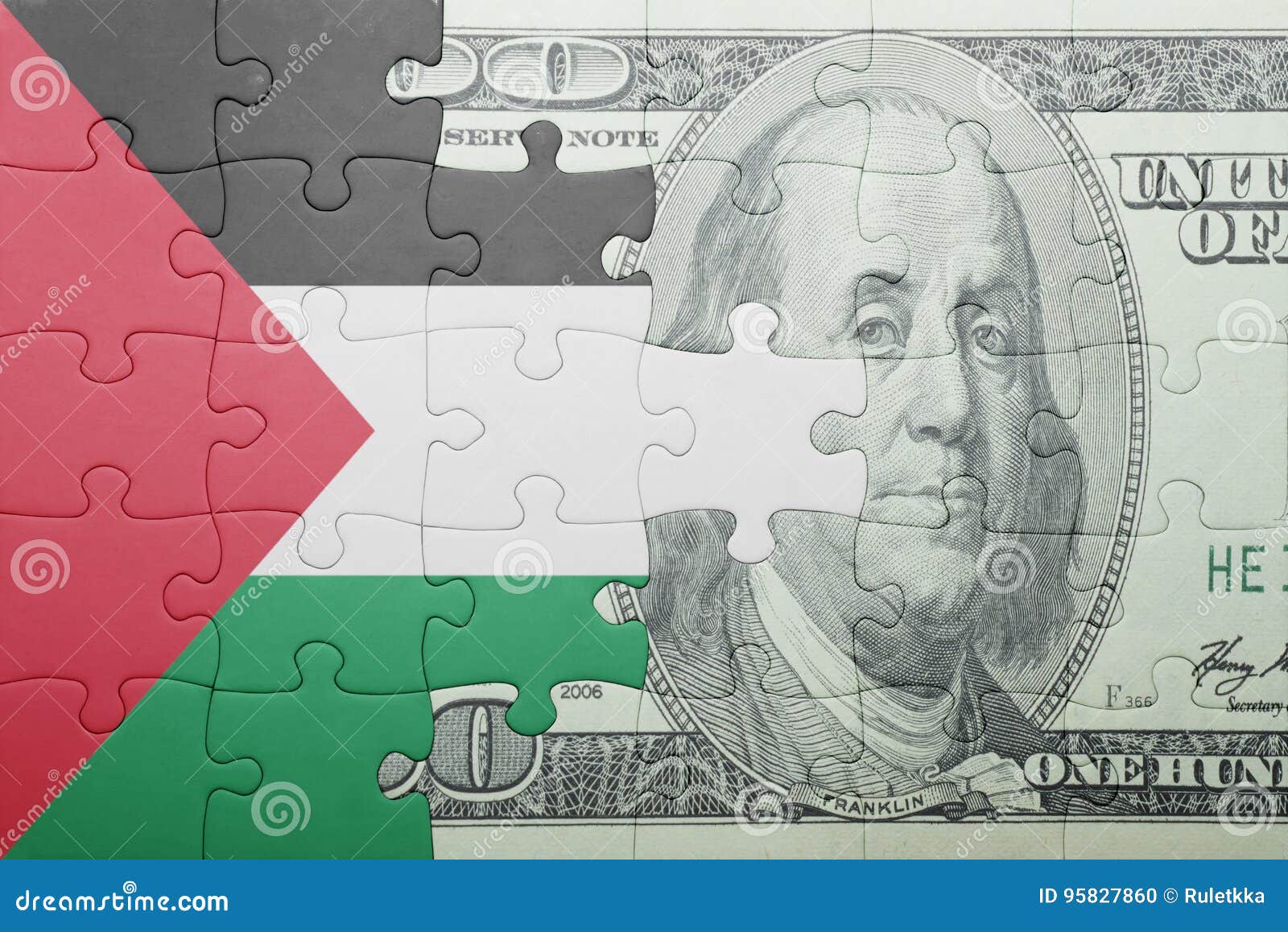 Puzzle with the National Flag of Palestine and Dollar Banknote Stock