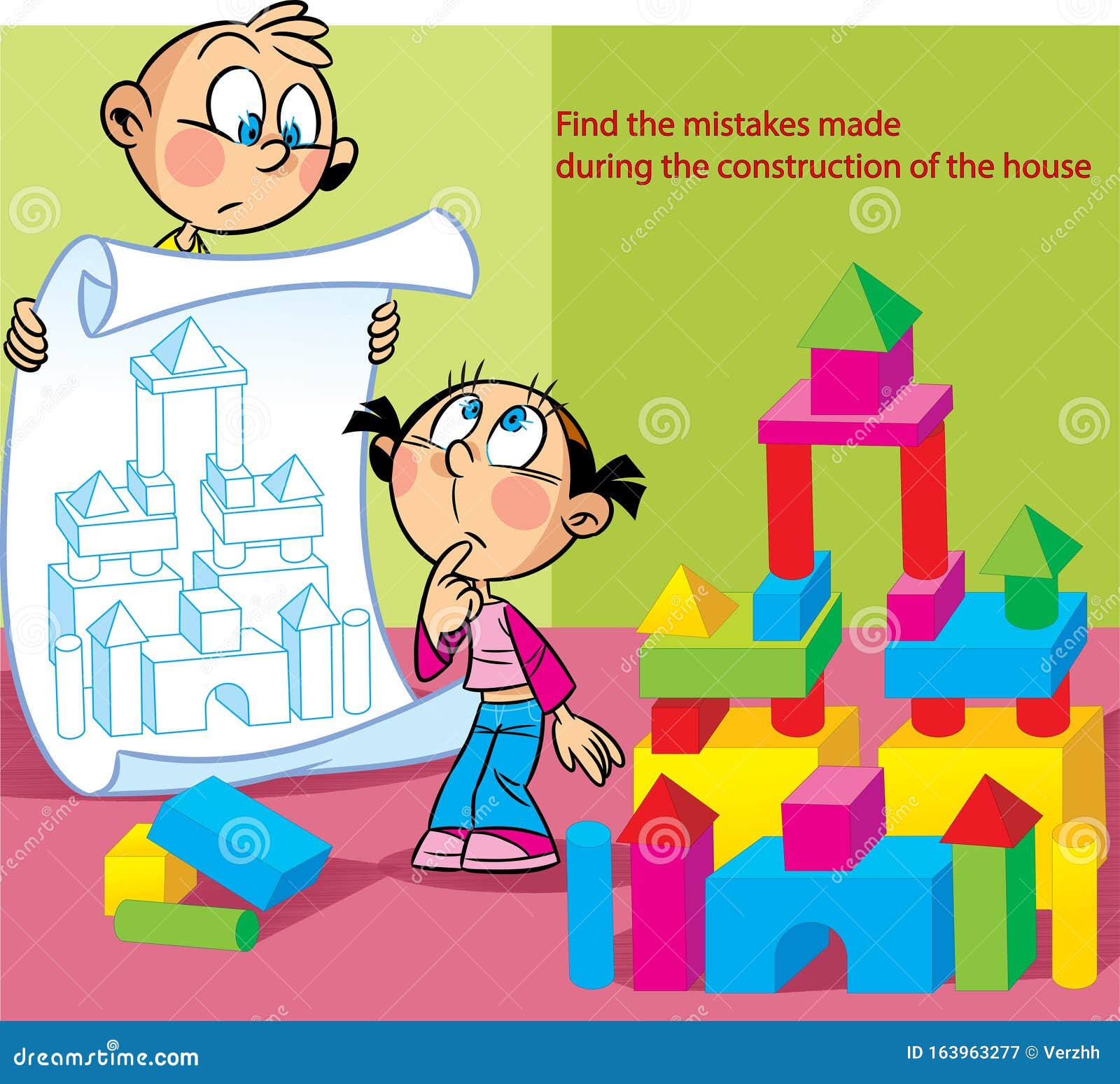 Puzzle In Which Children Build A House Stock Vector - Illustration of