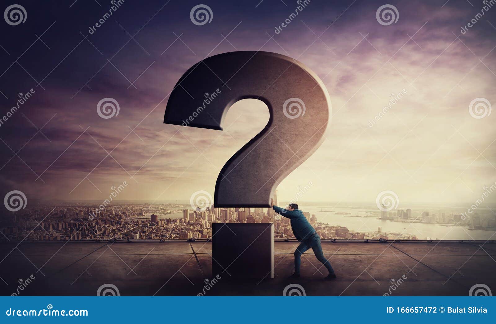 puzzled businessman on the rooftop pushing a huge interrogation mark. business questions concept, man in search of answer over