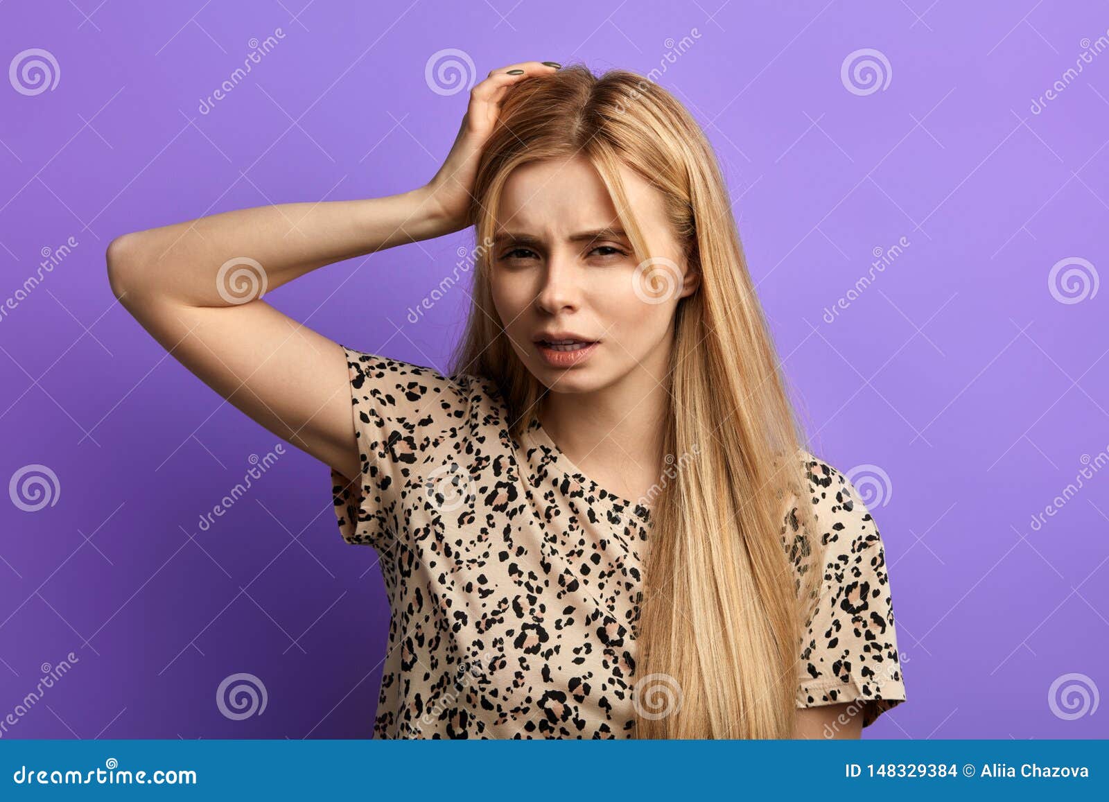 Young Puzzled Woman Scratching Her Head Thinking Daydreaming Stock
