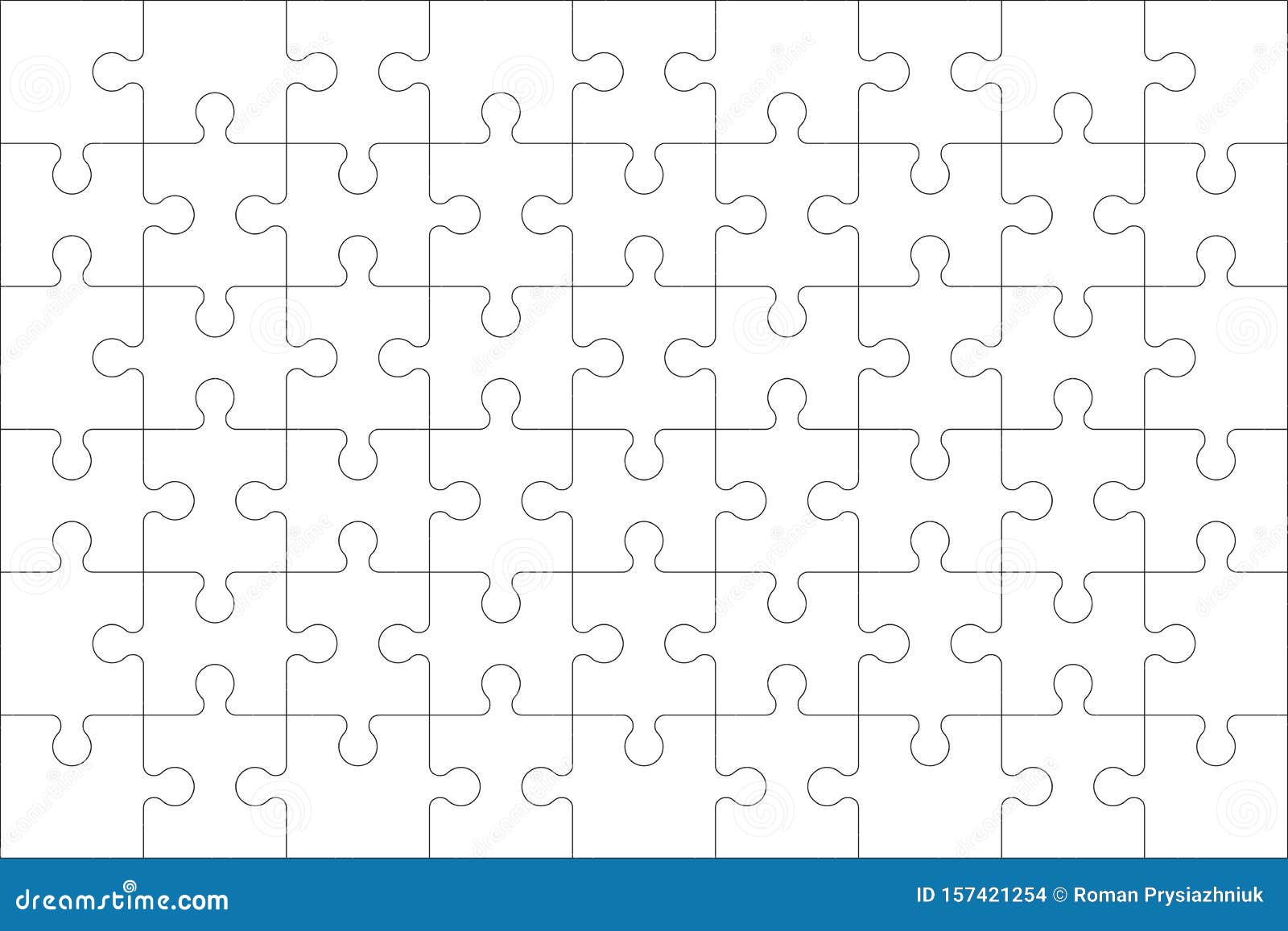 Puzzles blank template with linked rectangle grid. Jigsaw puzzle 9x6 size  with 54 pieces. Mosaic background for thinking game with join details.  Vector illustration. Stock Vector