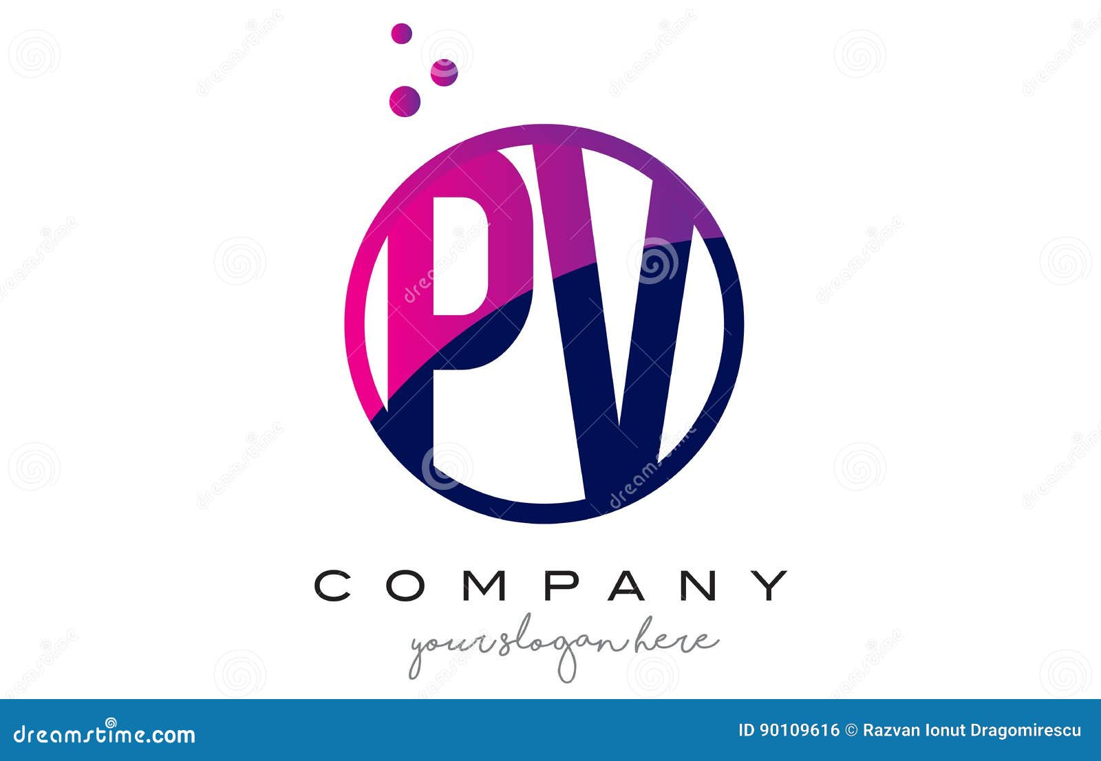 PV P V Circle Letter Logo Design with Purple Dots Bubbles Stock Vector