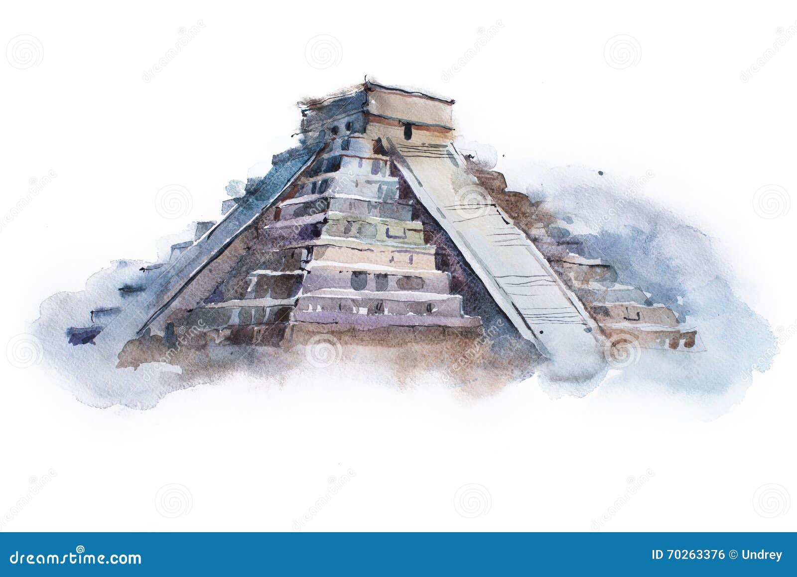 pyramid chichen itza in mexico watercolor drawing. temple of kukulkan aquarelle painting