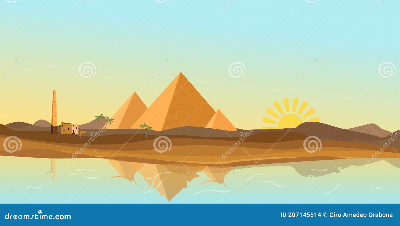 Ancient Egypt desert with pyramid and Nile