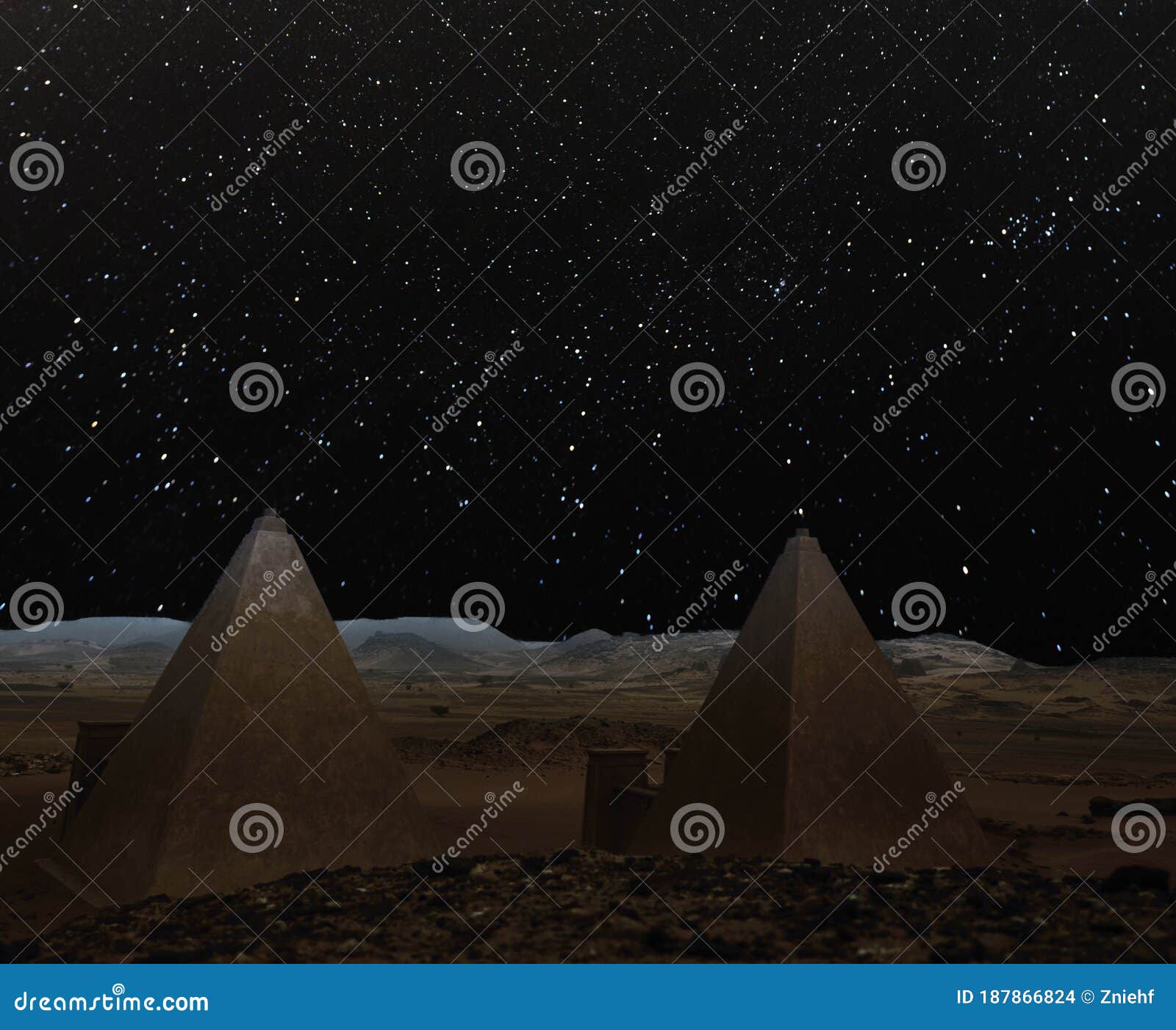 pyramids in the dark desert in front of staar sparkeling sky. s of the image furnished by nasa.w