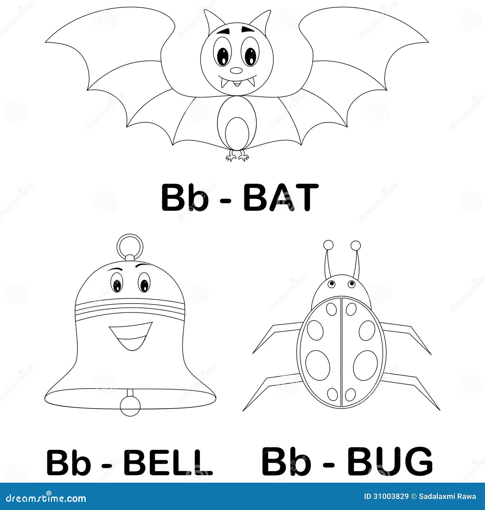 Página animal del colorante del alfabeto B. Página que colorea para la letra animal B del alfabeto de los niños con un ejemplo lindo del palo, de la campana y del insecto aislado en el fondo blanco.