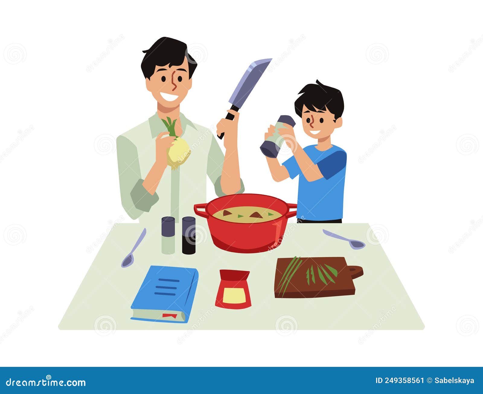 Père Et Fils Cuisine Sur Cuisinière En Cuisine Vectoriel