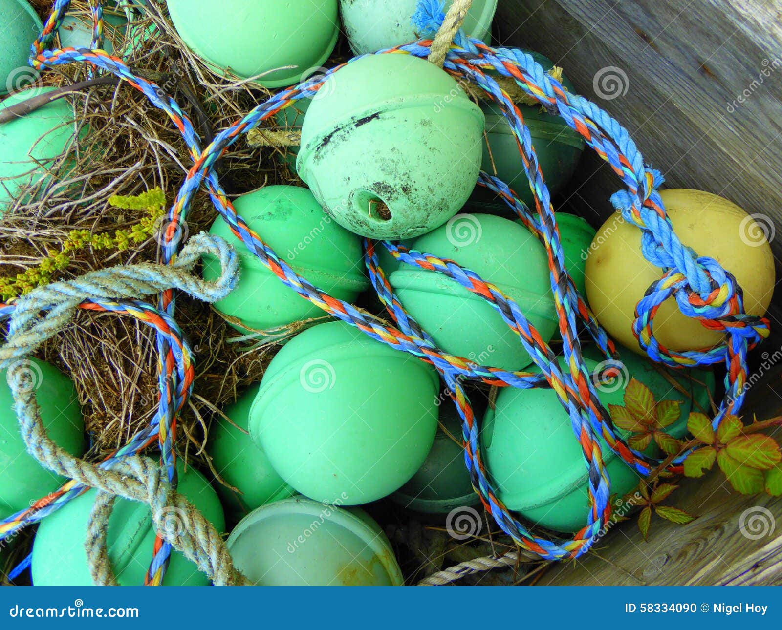 Pêche des flotteurs. Une boîte des flotteurs en plastique de pêche et de la corde colorée, les Cornouailles, Angleterre