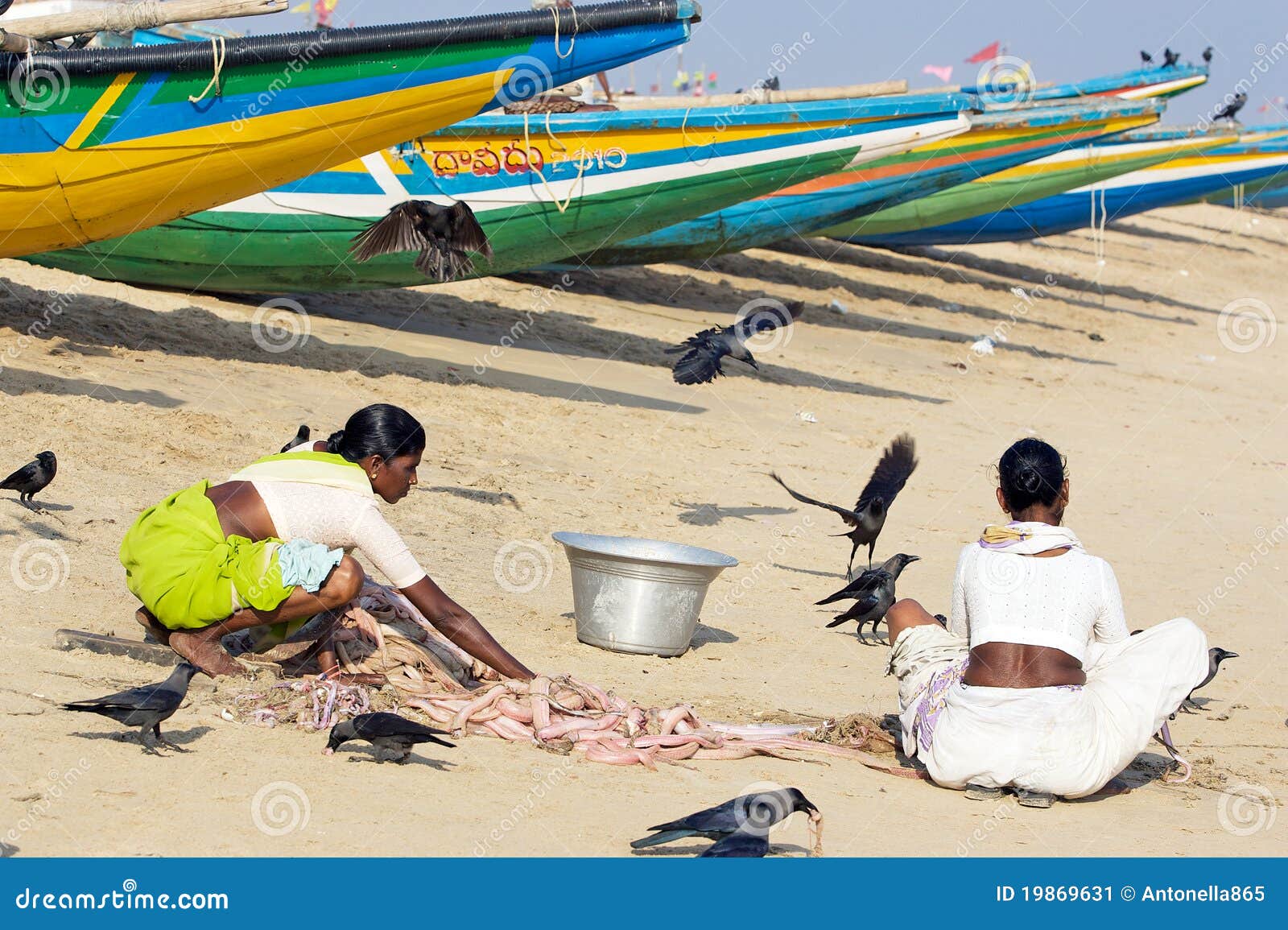 Pêcheur indien avec les poissons. L'Inde, golfe de Bengala : les femmes sur la plage travaillent les poissons. Le potentiel grand existe pour augmenter l'industrie de la pêche de la nation. La zone exclusive de l'Inde, étirant 200 milles marins (370 kilomètres) dans l'Océan Indien, entoure plus de 2 millions de kilomètres carrés. Au milieu des années 80, seulement environ 33 pour cent de cette zone étaient exploités. Le loquet annuel potentiel de la zone a été estimé 4.5 à millions de tonnes. La production indienne de poissons a augmenté plus que de cinq fois depuis l'indépendance de l'Inde.