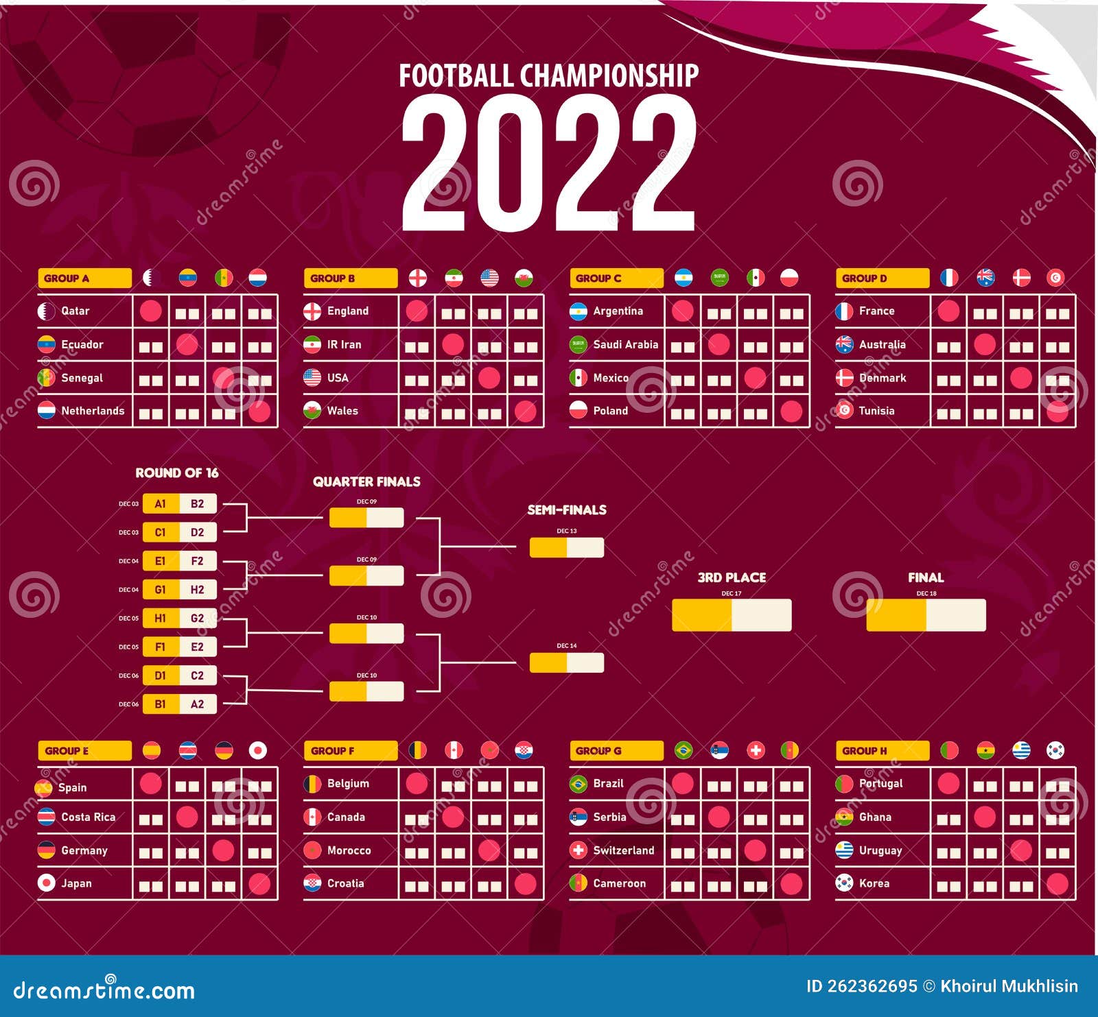Qatar 2022 World Cup Fixtures Table Stock Vector