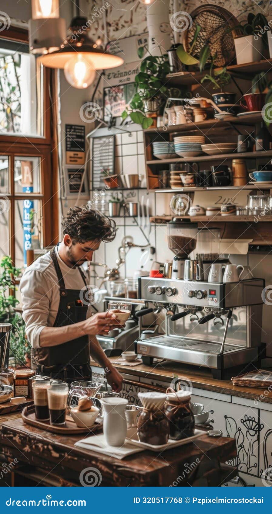 quaint cafe with a barista making intricate latte art generated by ai