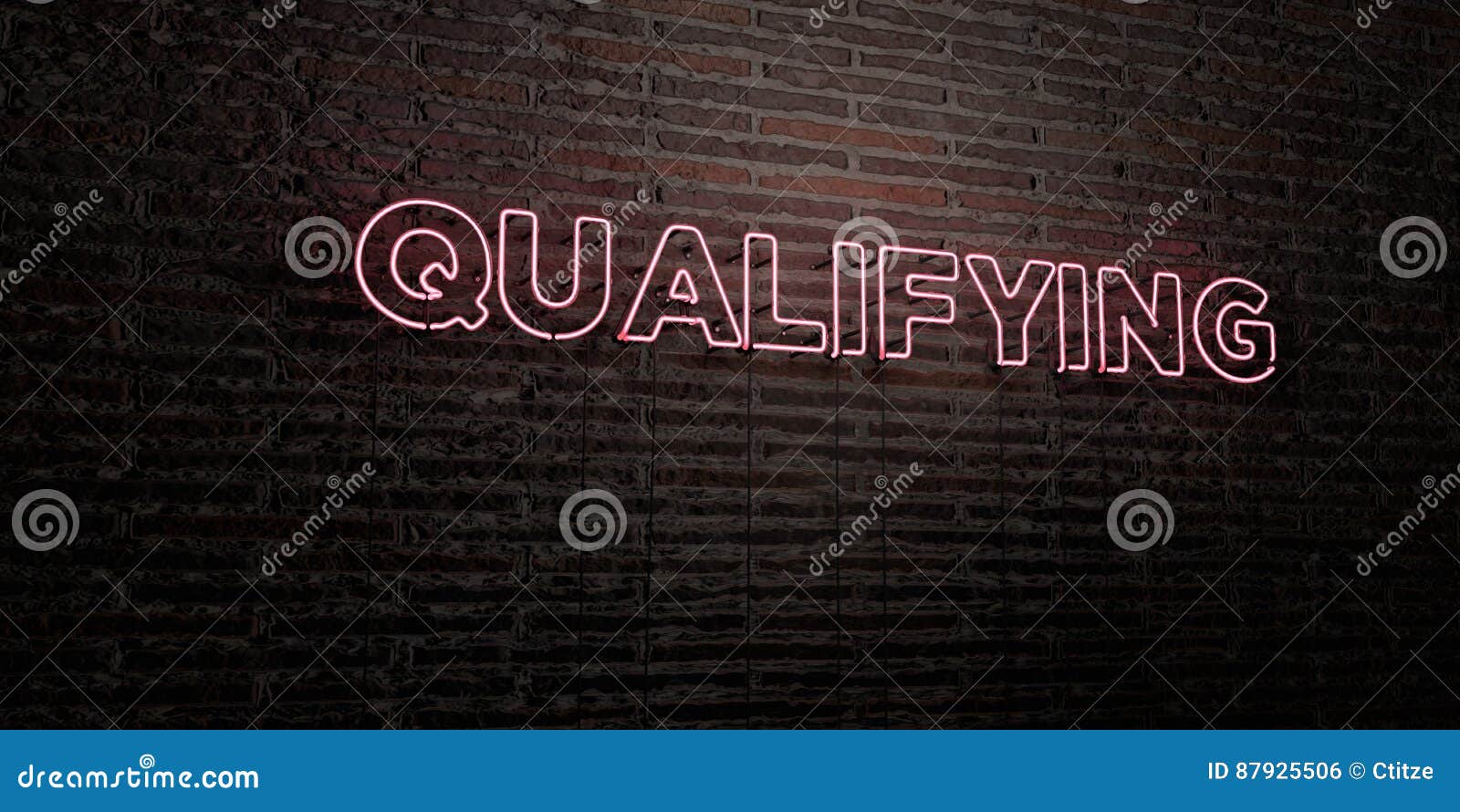 qualifying -realistic neon sign on brick wall background - 3d rendered royalty free stock image