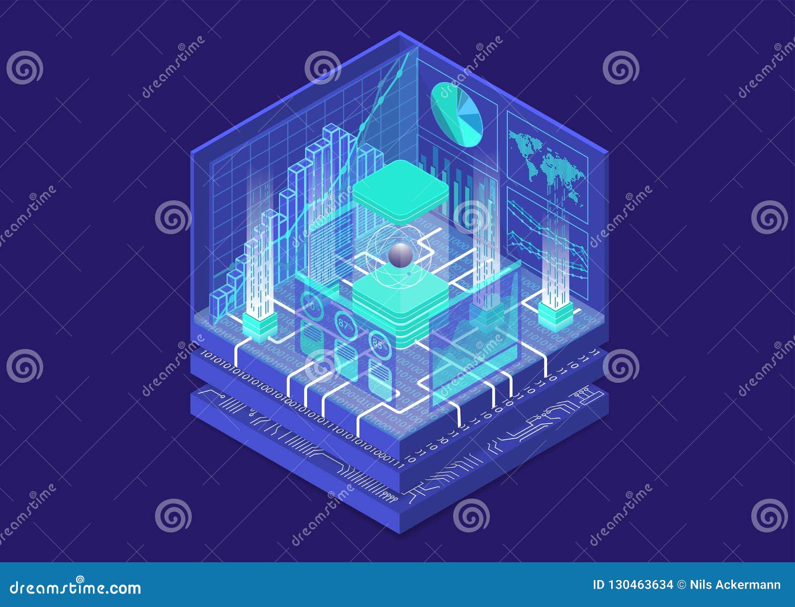 Quantum Computing Isometric Vector Illustration. 3D View on Conceptual