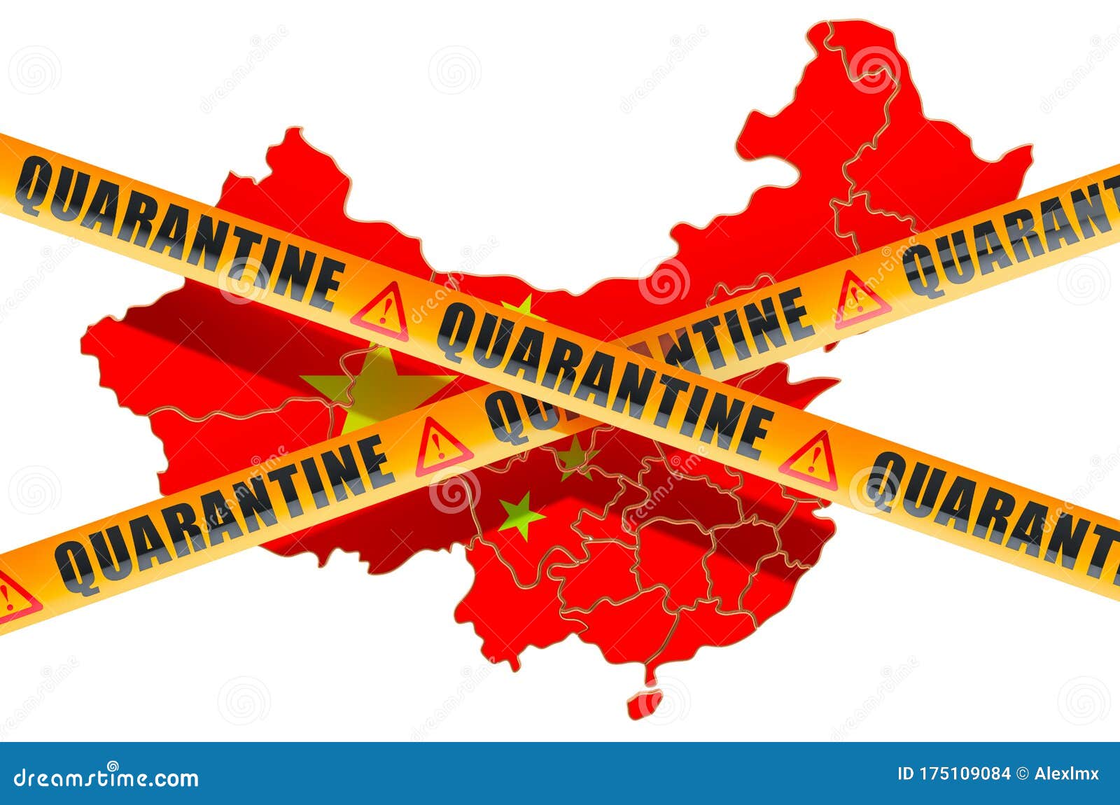 Quarantine in China Concept. Chinese Map with Caution Barrier Tapes, 3D