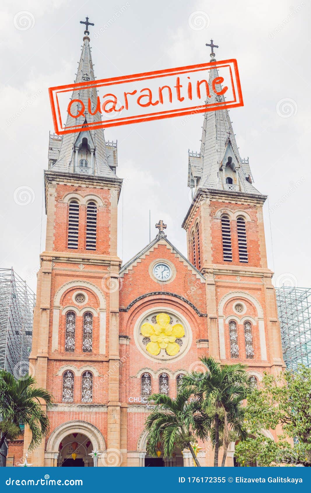 quarantine due to coronavirus epidemic covid19 notre dame de saigon cathedral, build in 1883 in ho chi minh city