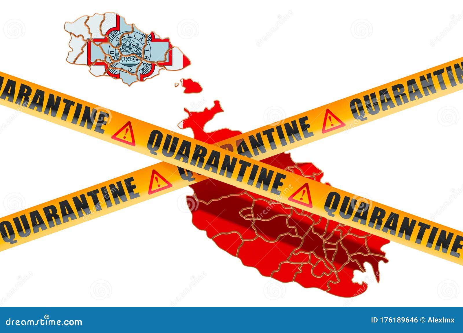 Quarantine in Malta Concept. Maltese Map with Caution Barrier Tapes, 3D