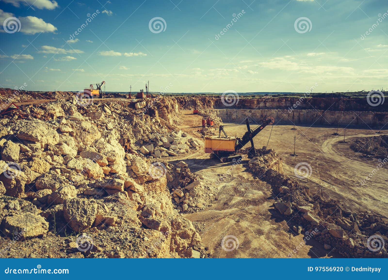 Quarry Equipment, Excavator, Heavy Vehicles Work in Quarry Stock Photo