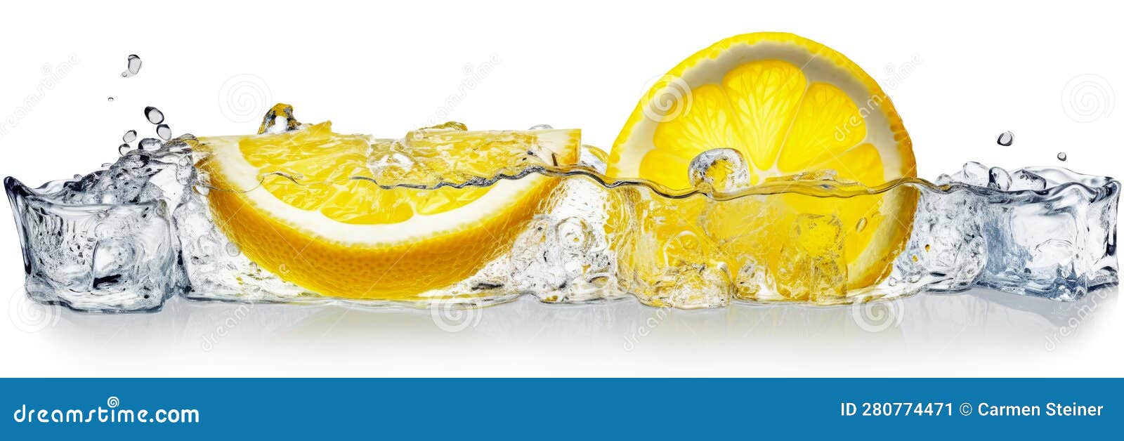 quartered lemon and a slice of lemon in water with splash  against a white background in panorama format. generative ai