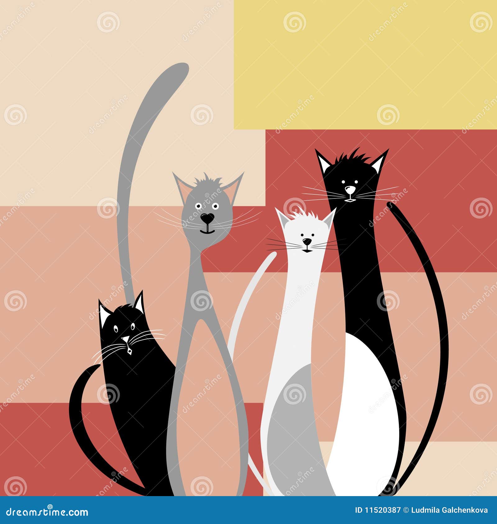 Quatre chats drôles sur le fond géométrique abstrait dirigent l'illustration